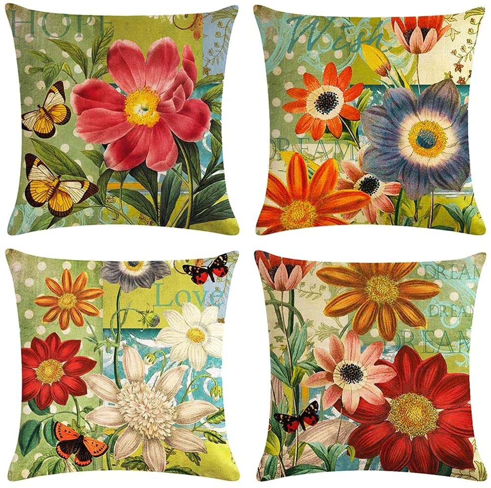 Bucood Summer Green Floral Theme 18X18 Inch Decorative Pillows Covers Set Of 4