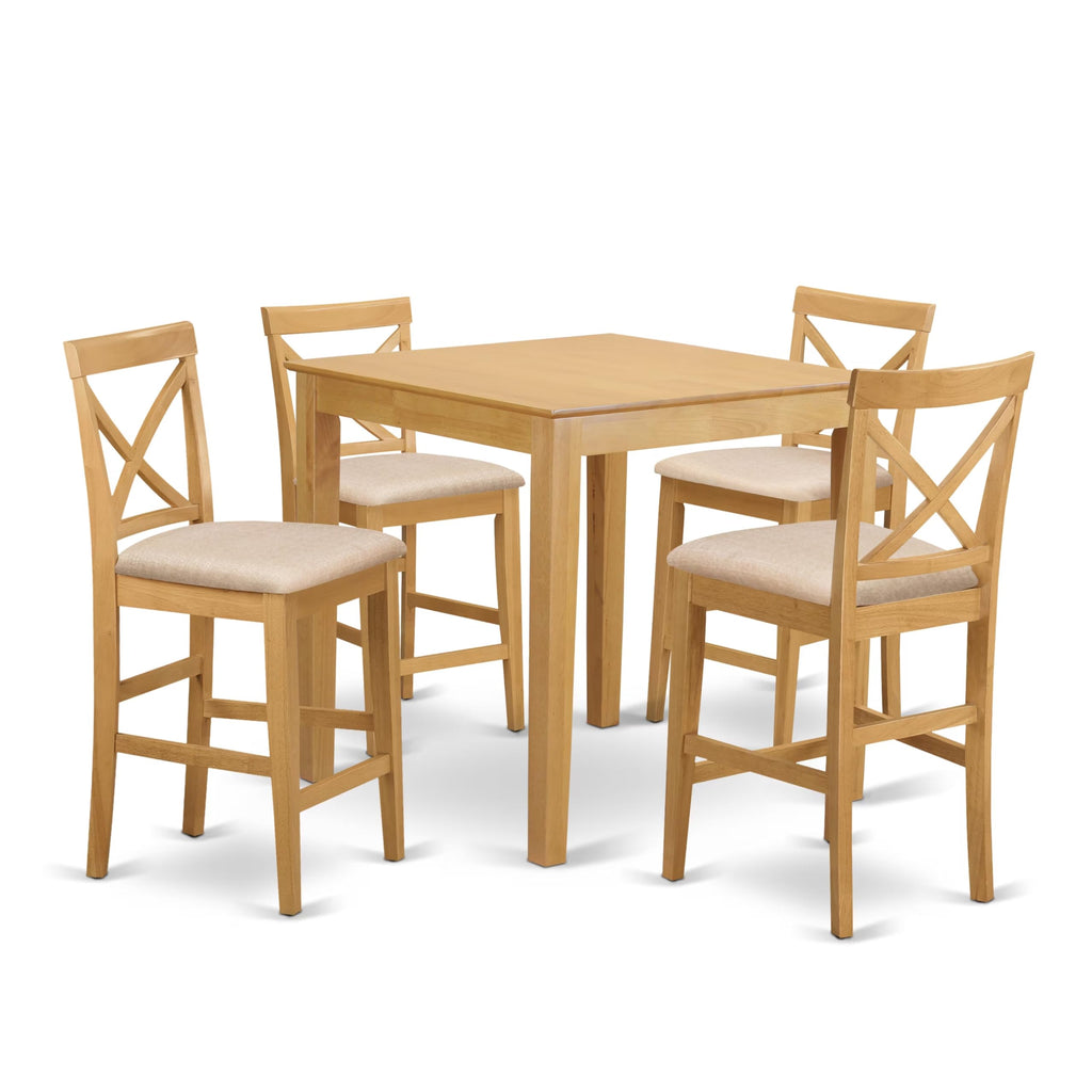 East West Furniture PUBS5-OAK-C 5 Piece Counter Height Dining Set Includes a Square Dinette Table and 4 Linen Fabric Kitchen Dining Chairs, 36x36 Inch, Oak