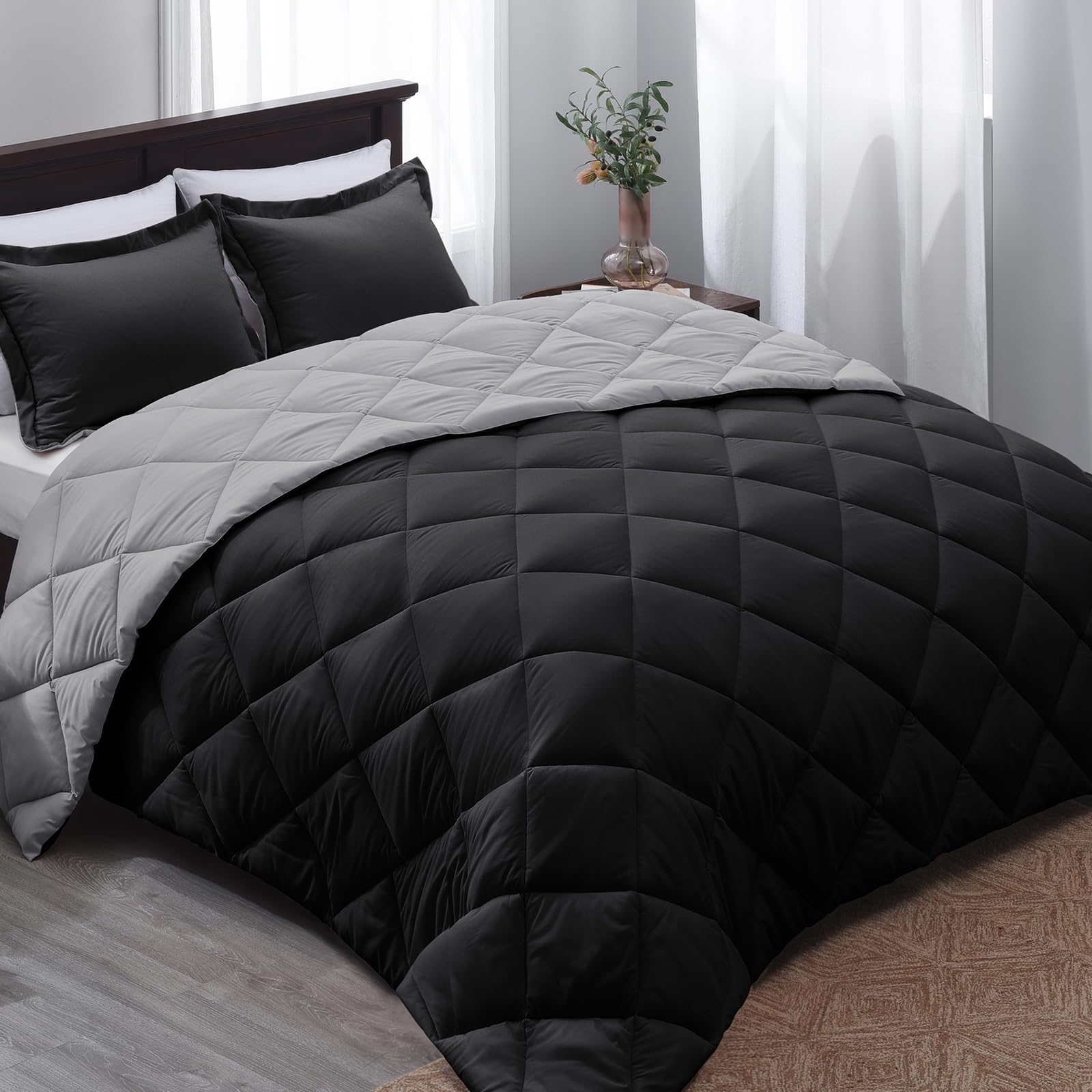 Basic Beyond Full Size Comforter Set - Black And Grey Comforter Set Full, Reversible Comforter Full Size Set, 1 Comforter (82'X92') And 2 Pillow Shams (20'X26'+2')