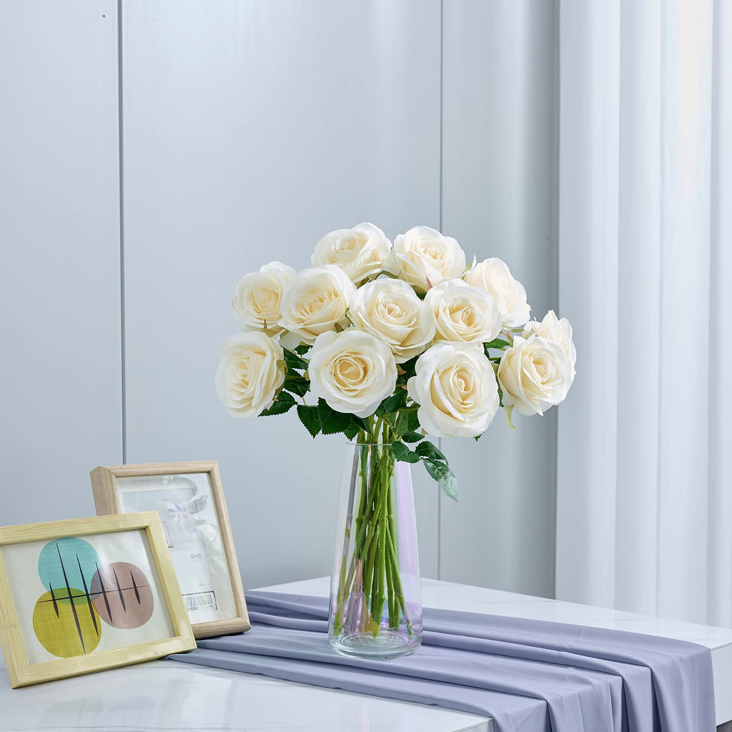 Helera 12Pcs Ivory Roses Artificial Flowers Silk Flowers Fake Roses With Long Stems For Wedding Decor Home Decor Baby Shower Par