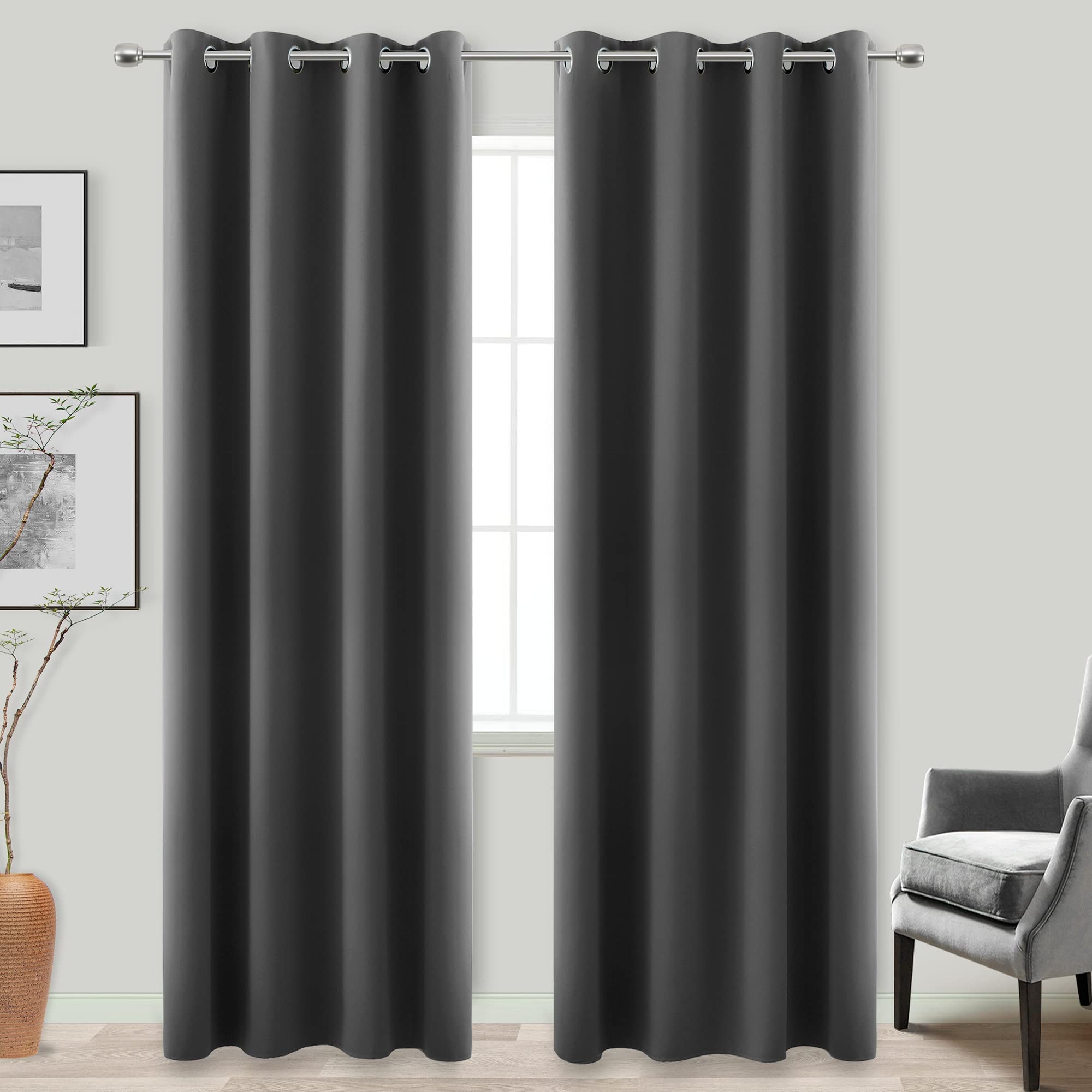 2 Panels 96 Inches Long Dark Gray/Grey Blackout Curtains for Office Living Room,Sun Heat Blocking Darkening Studio Apartment Div