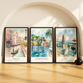 SoulAbiti Venice & Portofino & Bali set of 3 Framed Wall Print 12x18 inch Black Frame PlexiGlass Polaroid Travel Art ready to h