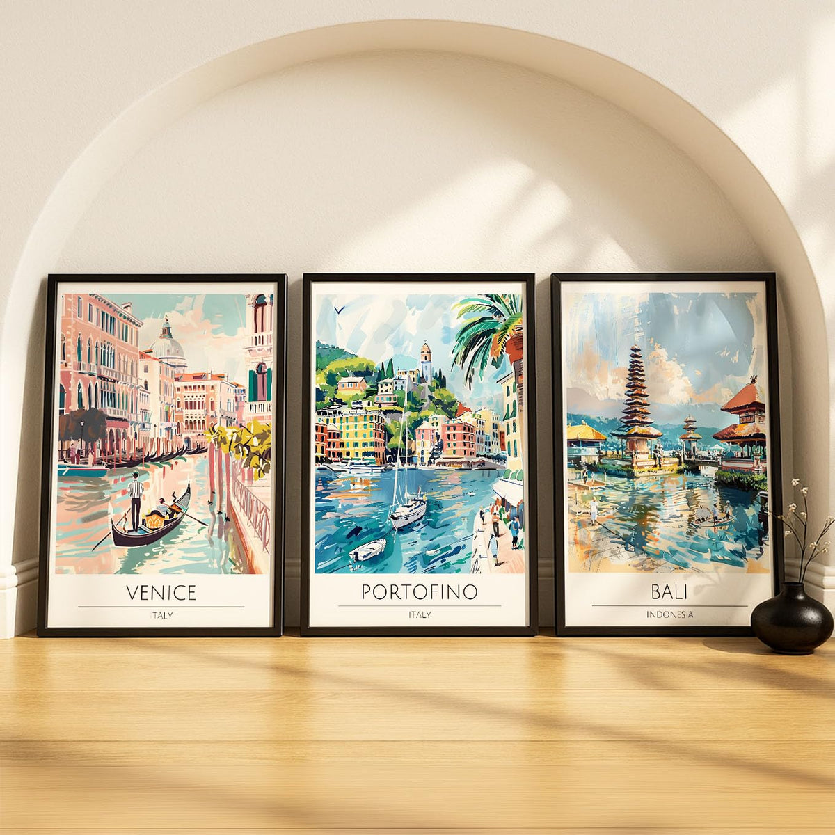 SoulAbiti Venice & Portofino & Bali set of 3 Framed Wall Print 12x18 inch Black Frame PlexiGlass Polaroid Travel Art ready to h