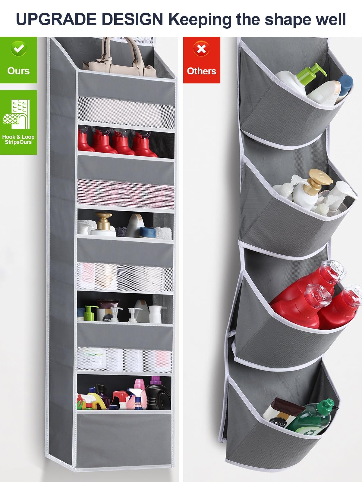 Over The Door Organizer Storage - 6 Shelf Hanging Storage Door Organizer With 8 Large Capacity Pockets, Anti Tilt Behind Door Or