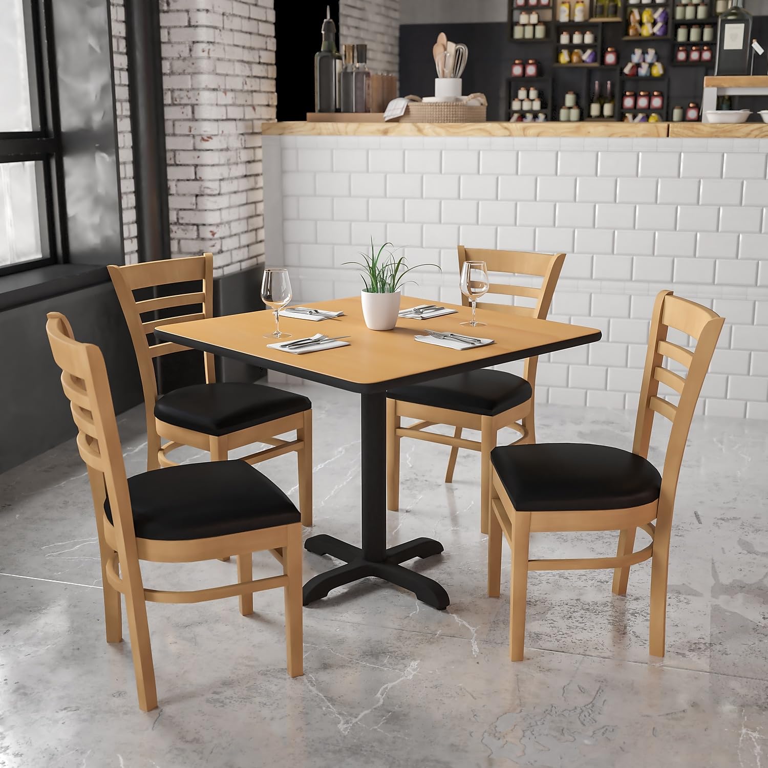 Flash Furniture HERCULES Series Ladder Back Natural Wood Restaurant Chair - Black Vinyl Seat