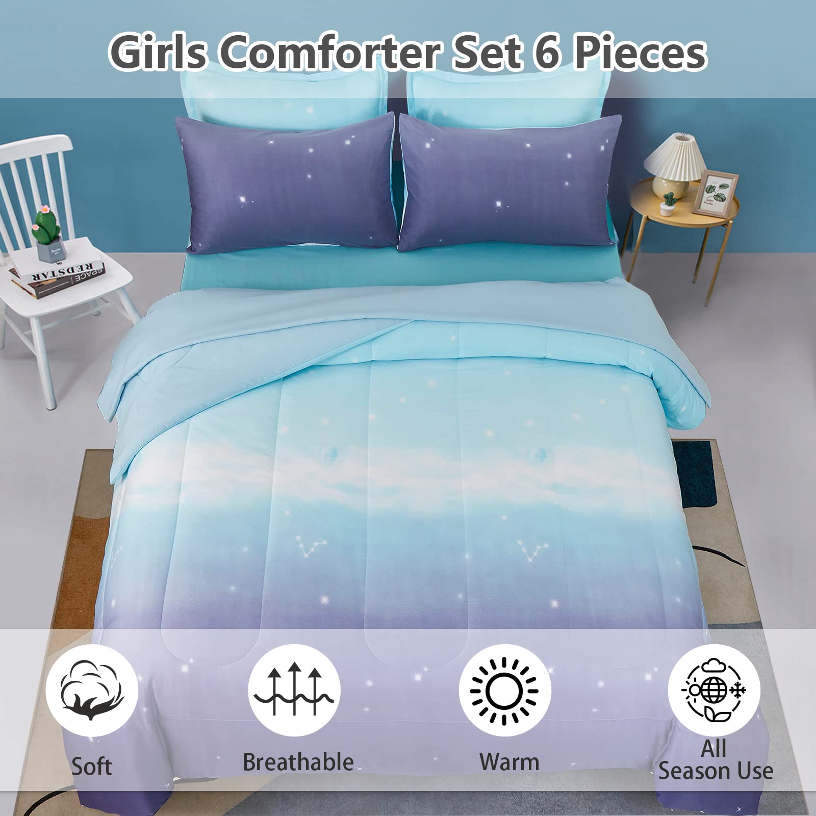 Girls Comforter Set Twin Size 6 Pieces Bed In A Bag Colorful Ombre Blue Purple Rainbow Bedding Set For Kids Teen (1 Comforter, 1