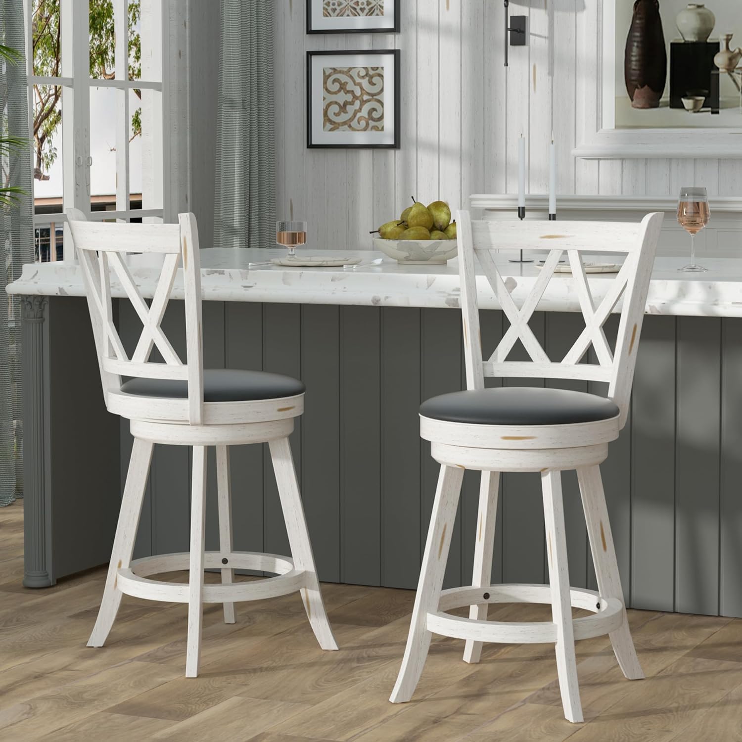 Betterhood 24  Counter Height Swivel Bar Stools - High Back Swivel Counter Stools with Upholstered Seat & Solid Wood Footrest, C