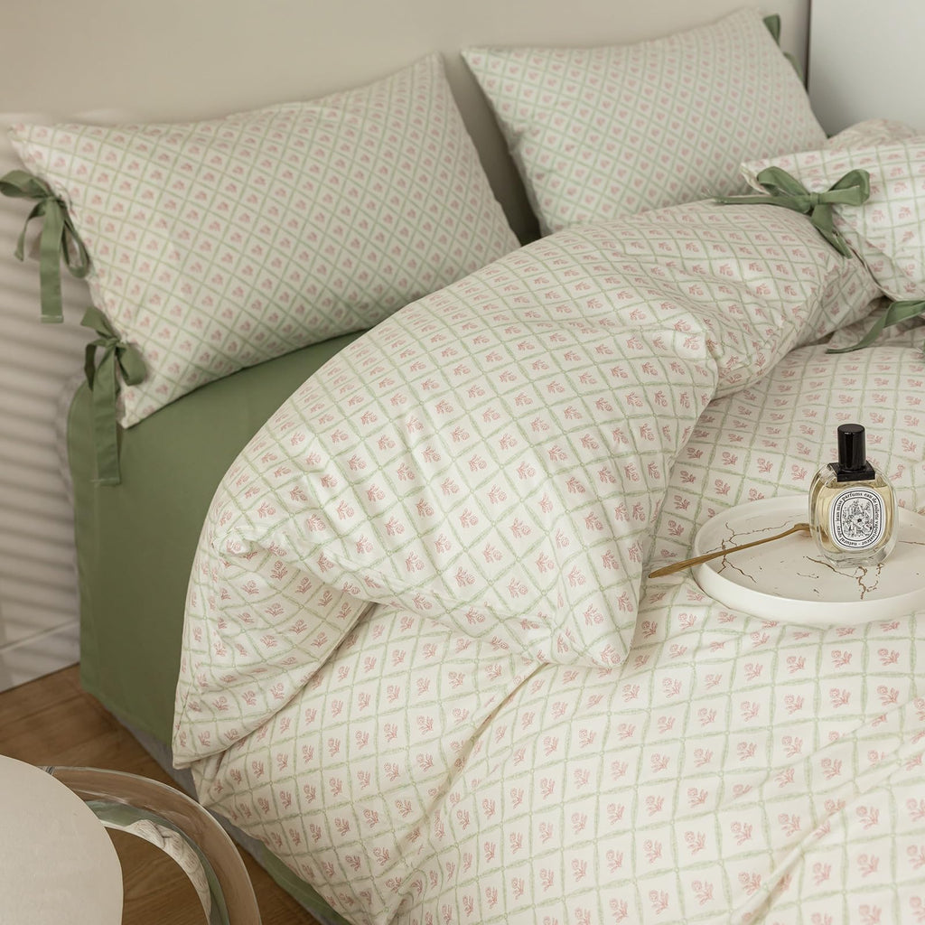 Lifetb Boho Floral Duvet Cover Queen Garden Style Pink Flower Duvet Cover Cotton Plaid Grid Comforter Cover With 2 Bowknot Pillo