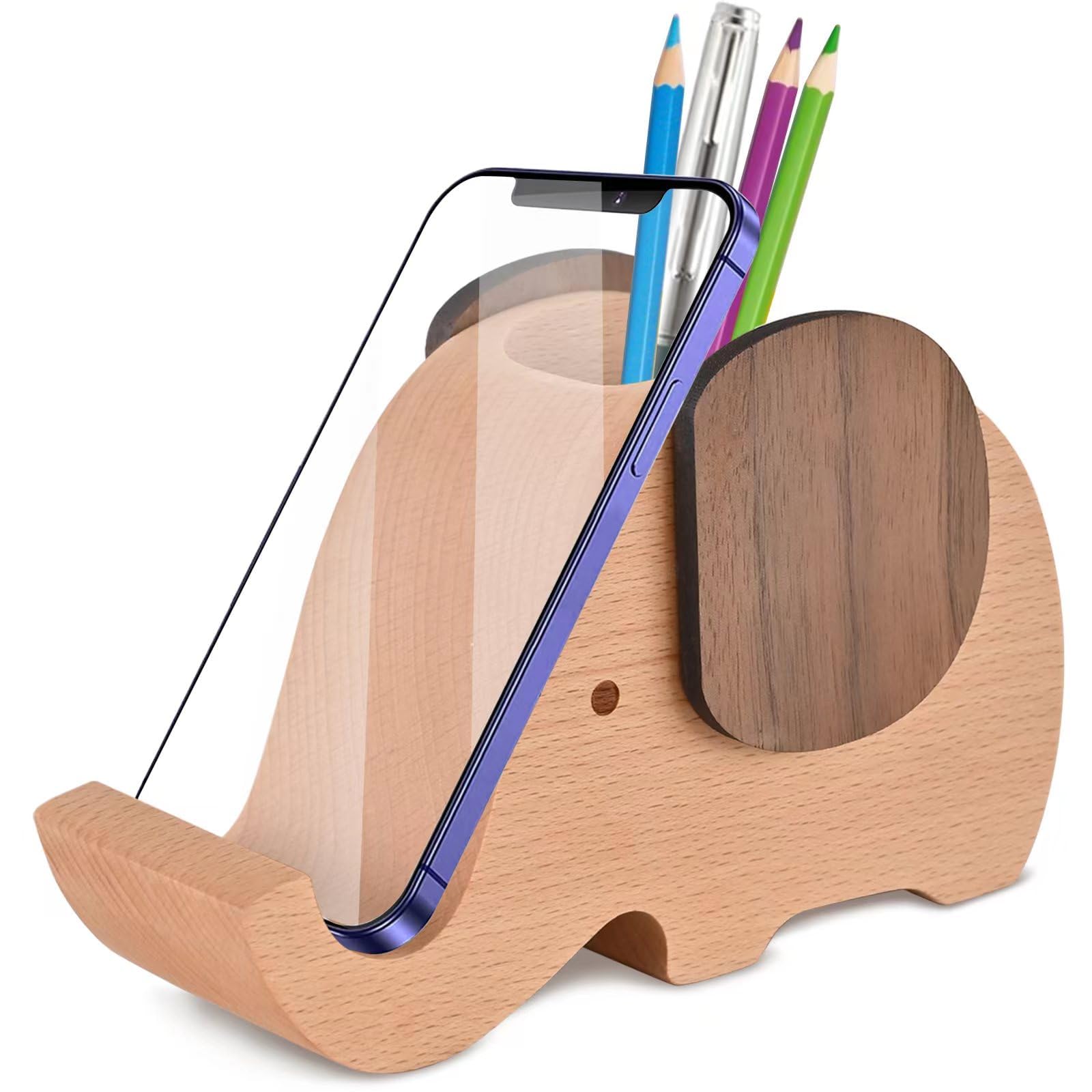 Ahfulife Wooden Elephant Cell Phone Holder/Stand With Pen&Pencil Holder/Pot, Desk Decoration Multi-Functional Supplies Stationer