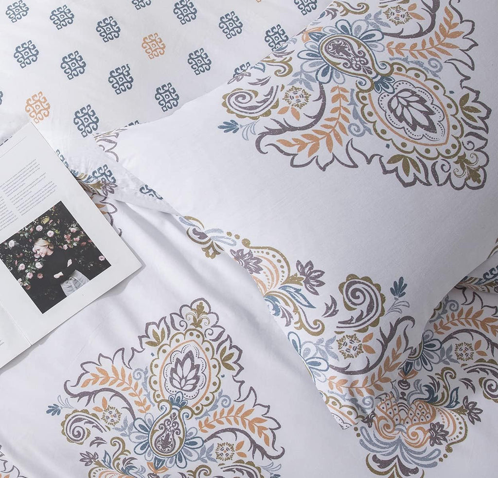 Sleepbella Comforter Twin Size, 600 Thread Count Cotton Yellow & Blue Damask With Taupe Brown Reversible Pattern White Comforter
