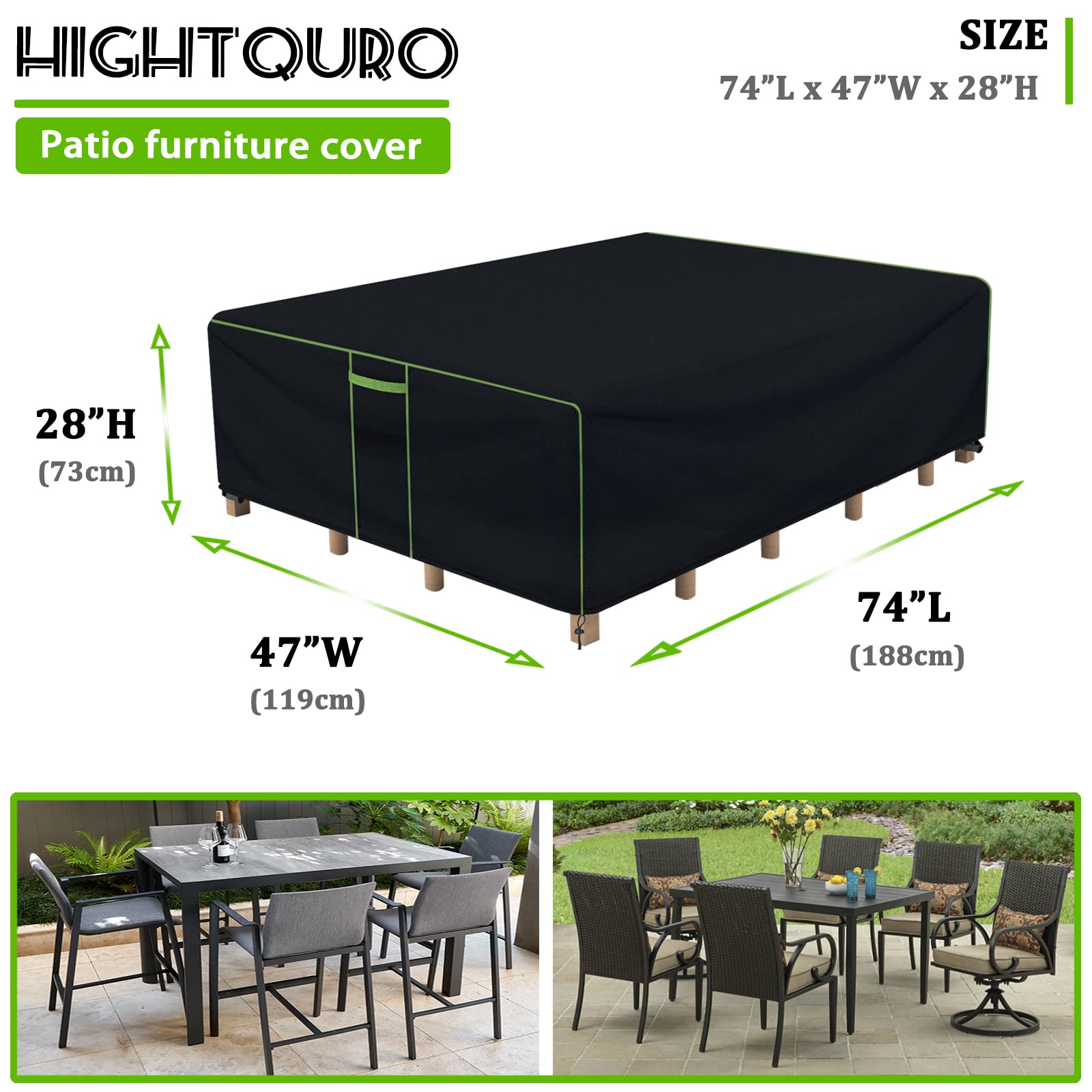 Hightquro Patio Furniture Covers Waterproof, Heavy Duty 600D Outdoor Furniture Covers For Outdoor Dining Table And Chair,Tear Resistance And Anti-Uv, 74'L X 47'W X 28'H, Black With Green Piping