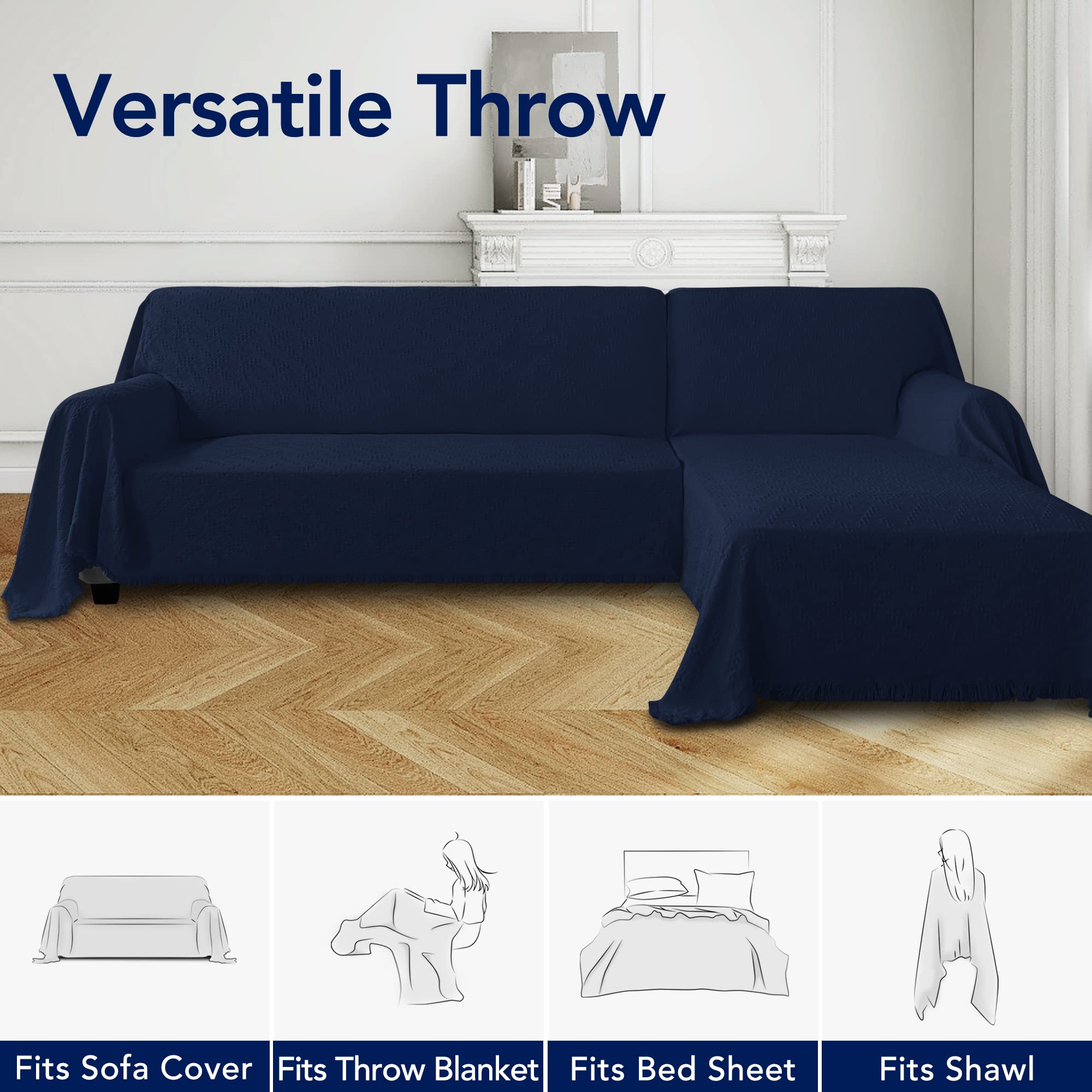 Purefit Geometric Jacquard Throw Sofa Cover - Textured Soft Washable Decorative Couch Covers For 3 Cushion Couch, Throw Cover With Tassels Furniture Protector For Pets, Kids (Small, Navy)