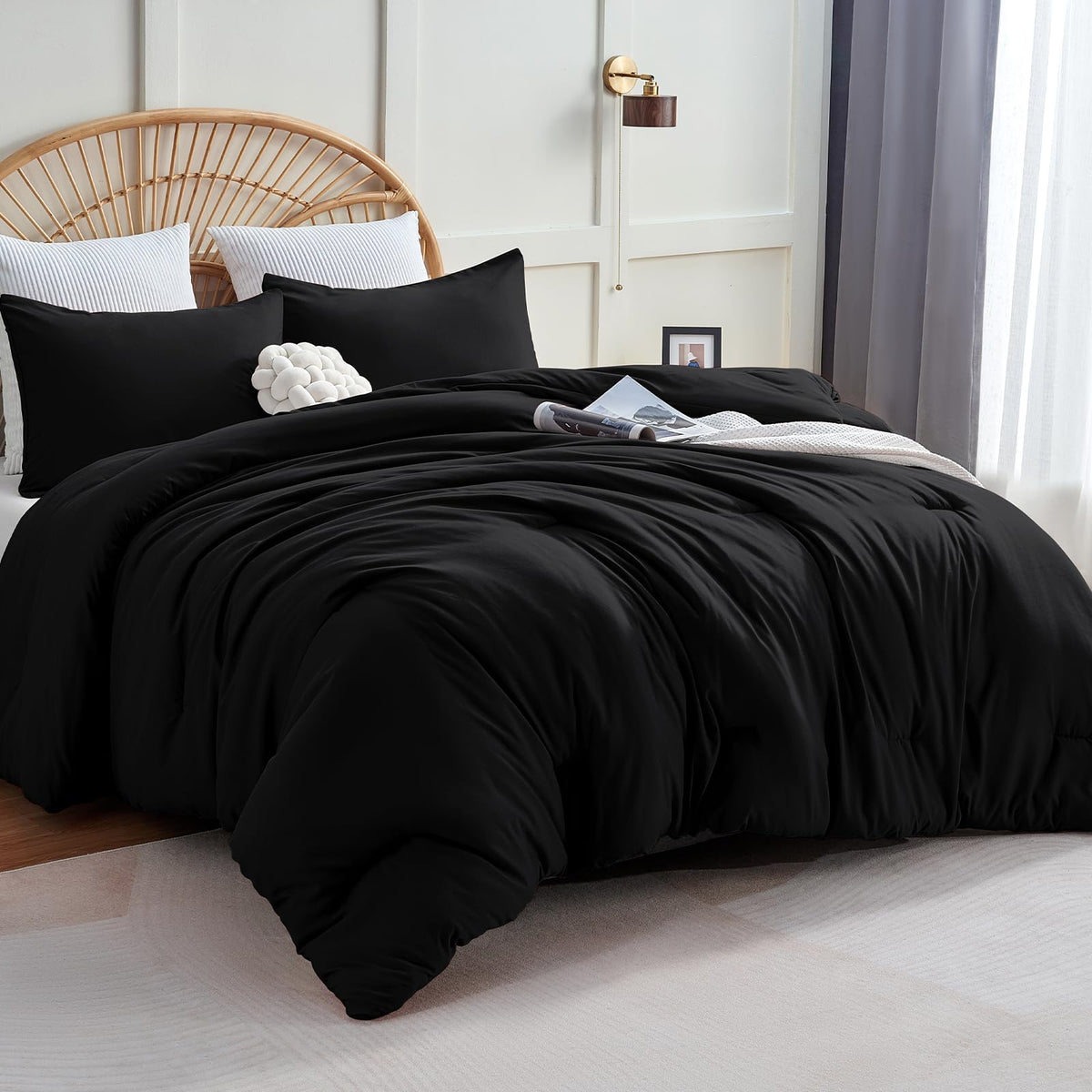 Cozylux California King Comforter Set Black, 3 Pieces Cal King Solid Breathable Boho Style Bedding Sets, Cozy Luxury Fluffy Soft Microfiber Quilt Comforter For All Season(1 Comforter & 2 Pillowcases)