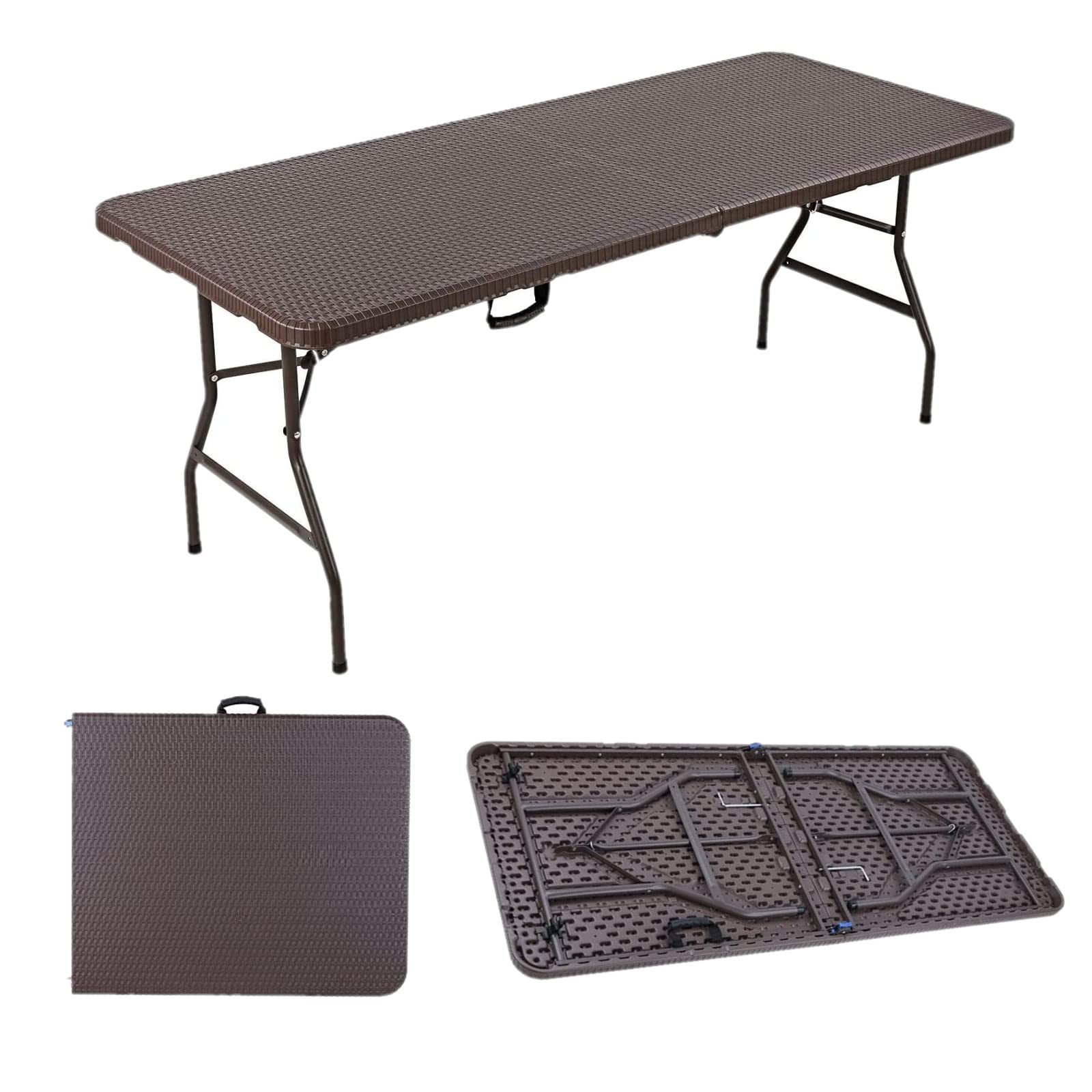 Folding Garden Table With Carry Handle Suitable For Camping And Party 180 X 76 X 73 Cm For 8 People Rattan Look Plastic Steel Frame Maximum Load 150 Kg