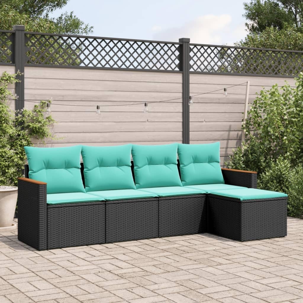 vidaXL Patio Sofa Set with Cushions - 5 Piece Outdoor Modular Black Poly Rattan Furniture - Storage, Washable Blue Cushions, Garden Lounge with Acacia Wood Armrest & Footstool