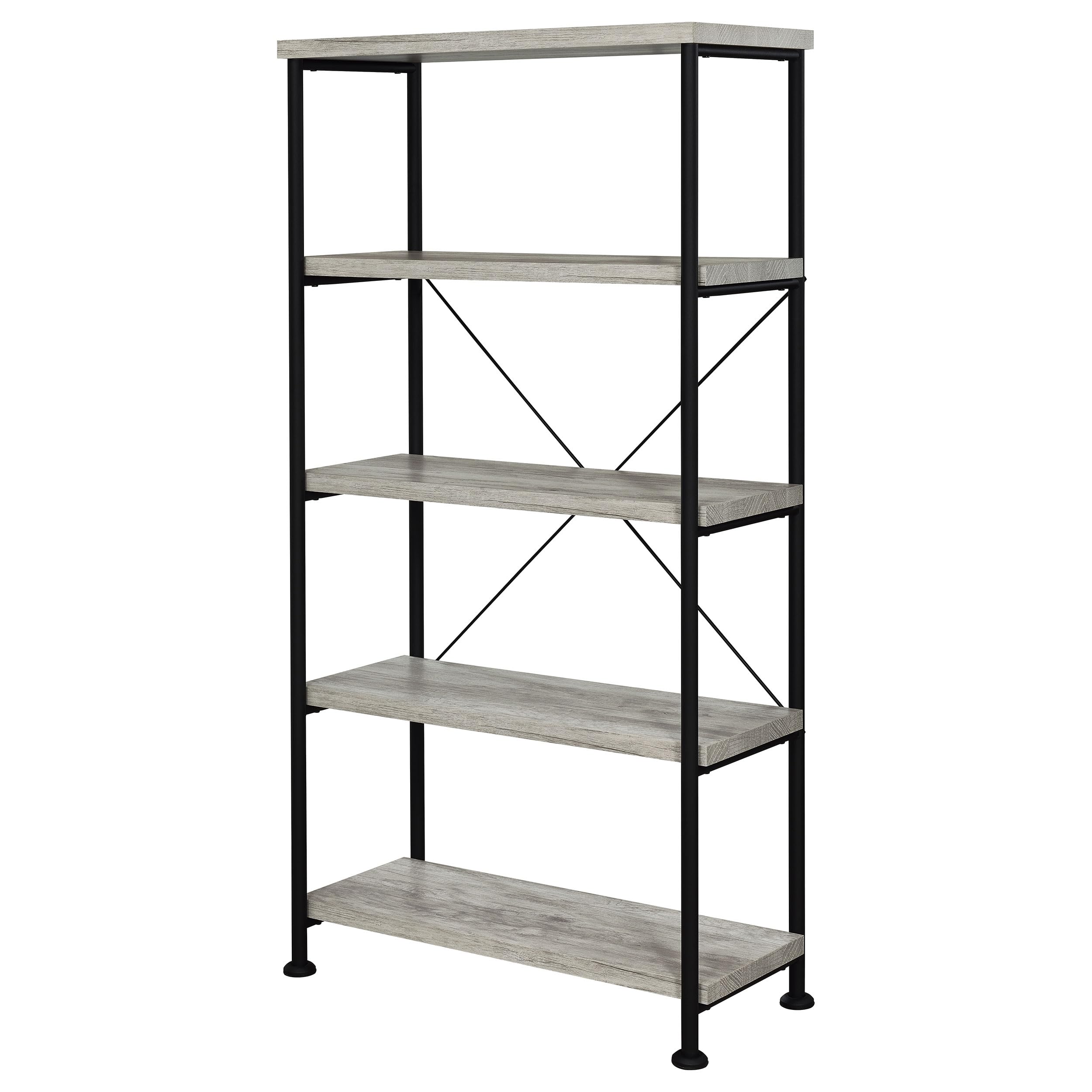 Coaster Home Furnishings Analiese Rustic Industrial 4-Tier Bookcase Etagere Bookshelf Office Storage Book Shelf Engineered Eco-Friendly Wood Look Laminate Sturdy Black Steel Base Grey Driftwood 801546