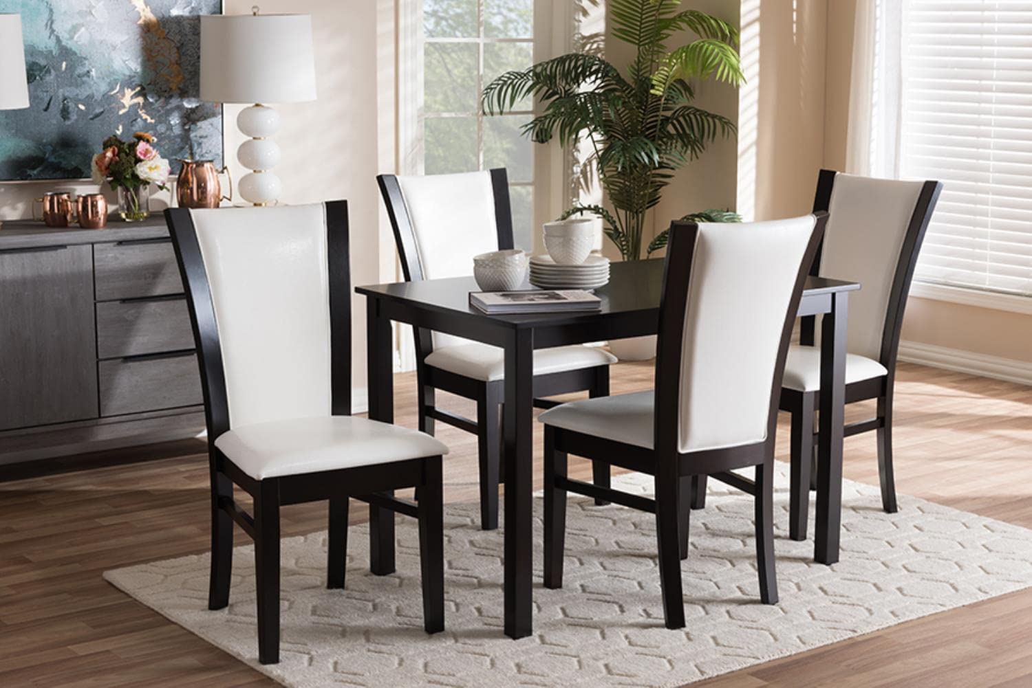 Baxton Studio Adley Modern and Contemporary 5-Piece Dark Brown Finished White Faux Leather Dining Set White//Medium Wood/Contemporary/Table/Faux Leather/Solid Rubber Wood/Foam
