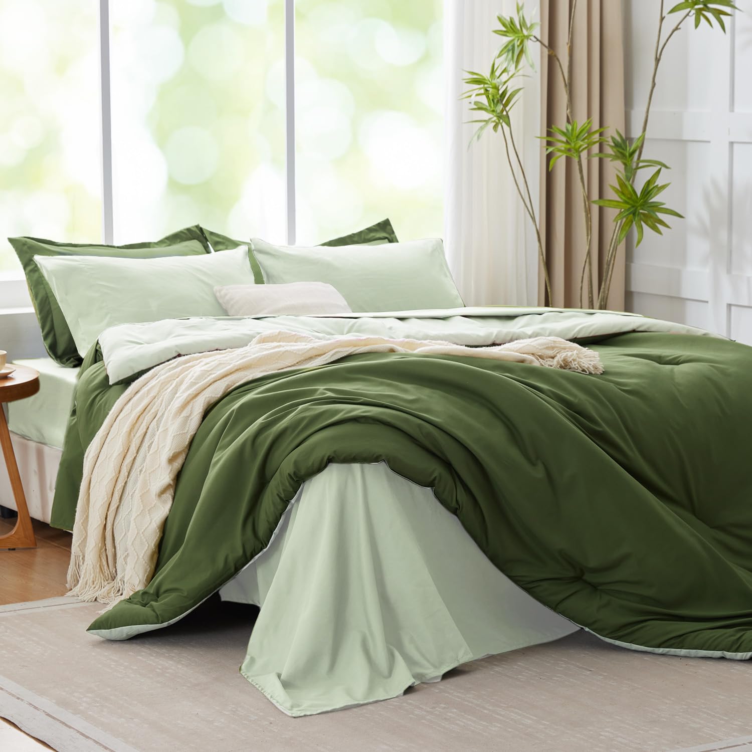 Kozyhvn Queen Comforter Set 7 Pieces, Dark Green, Reversible Sage Green, Queen Bedding Sets, Soft Bed In A Bag Queen With Comfor