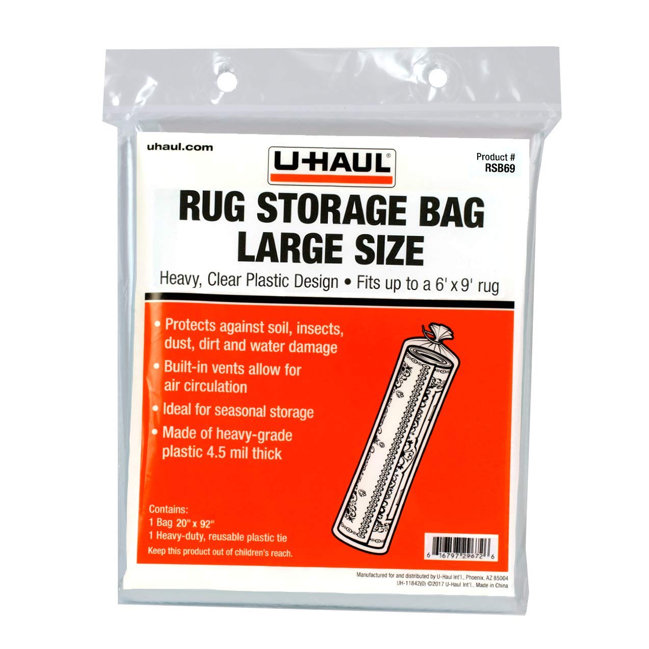 U-Haul Large Rug Storage Bag (Fits Rugs up to 6 x 9) - Protection for Large Rolled Rug - 20 x 92
