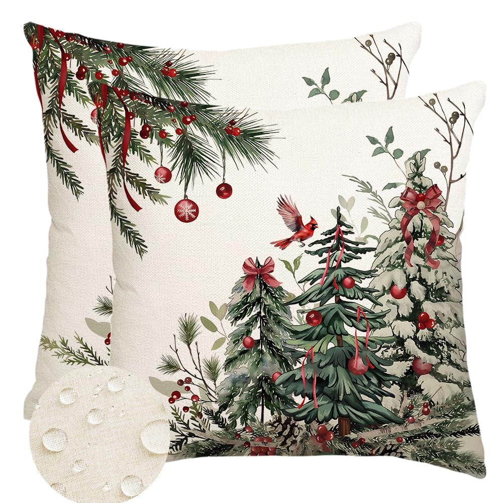 Rabusofa Christmas Pillow Covers 16X16 Inch,Outdoor Christmas Tree Decorative Throw Pillows Waterproof Set Of 2,Winter Pillow Ca