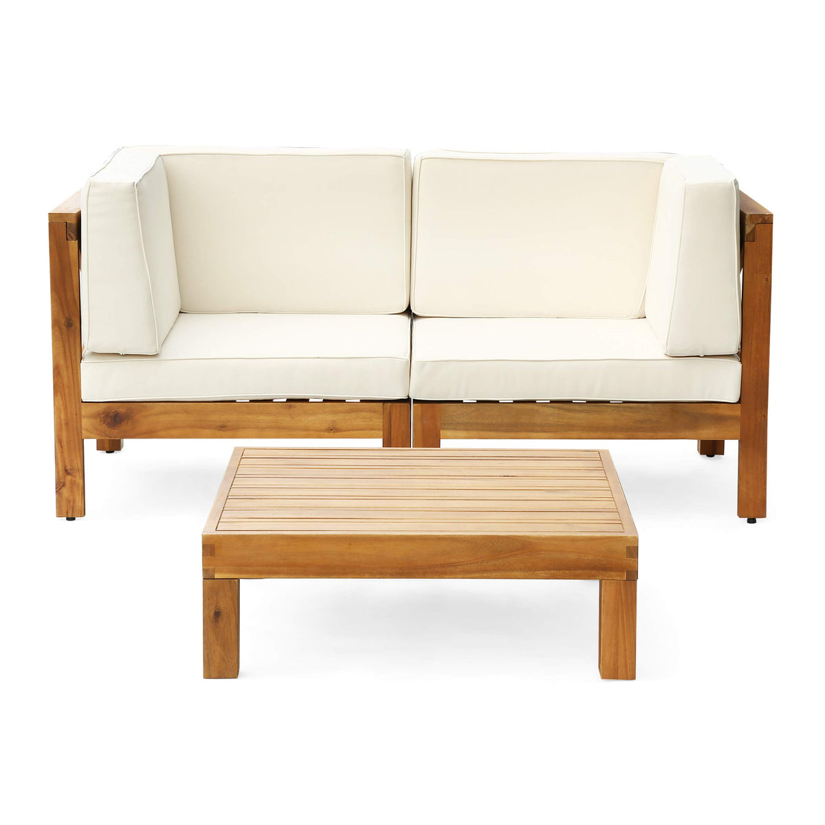 Gdfstudio Outdoor Sectional Loveseat Set With Coffee Table | 2-Seater | Acacia Wood | Water-Resistant Cushions | Teak And Beige
