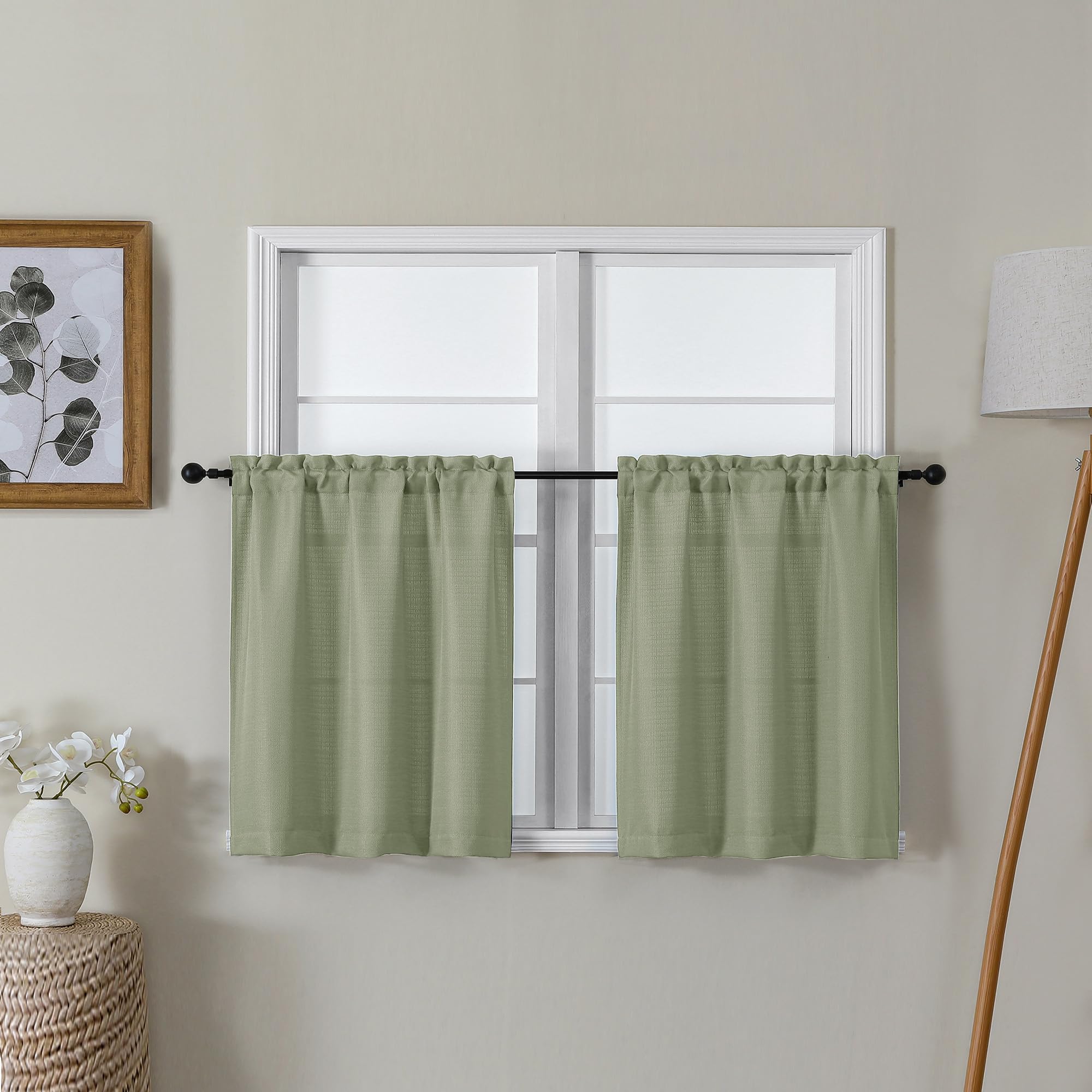 Lecloud Bessie Light Green Kitchen Curtains 24 Inch Length 2 Pcs, Faux Linen Textured Short Curtains for Small Windows, Light Fi