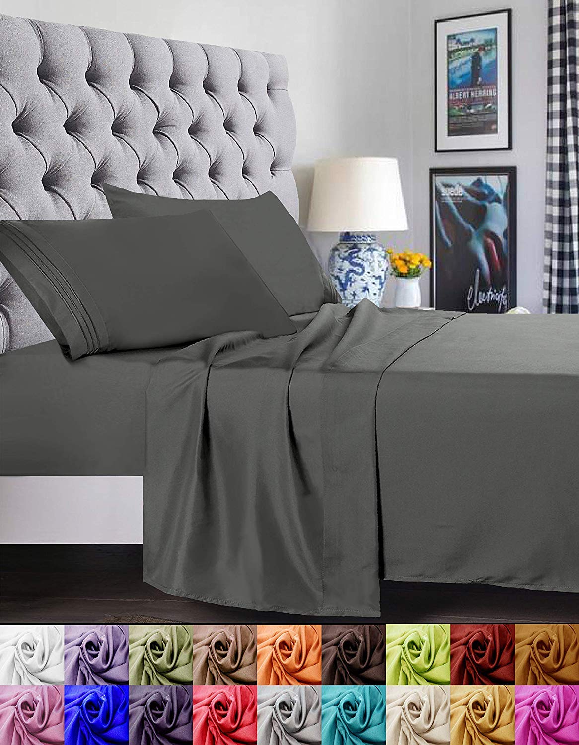 Elegant Comfort 1500 Premier Luxury Hotel Quality Super Soft Wrinkle Free And Fade Resistant 4-Piece Bed Sheet Set, Queen Gray