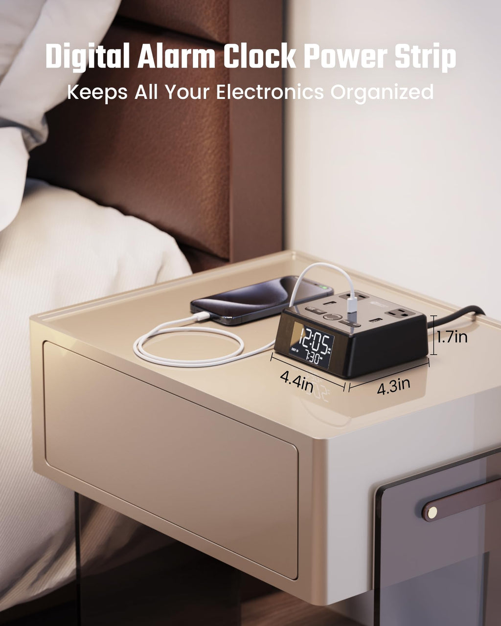 SUPERDANNY Digital Alarm Clock with 3 USB Chargers, 2 AC Outlets, LCD Display, 6.5ft Cord, Surge Protector - Black