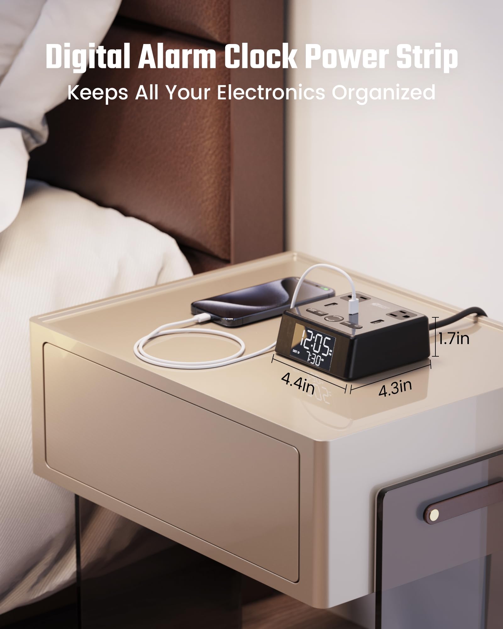 SUPERDANNY Digital Alarm Clock with 3 USB Chargers, 2 AC Outlets, LCD Display, 6.5ft Cord, Surge Protector - Black