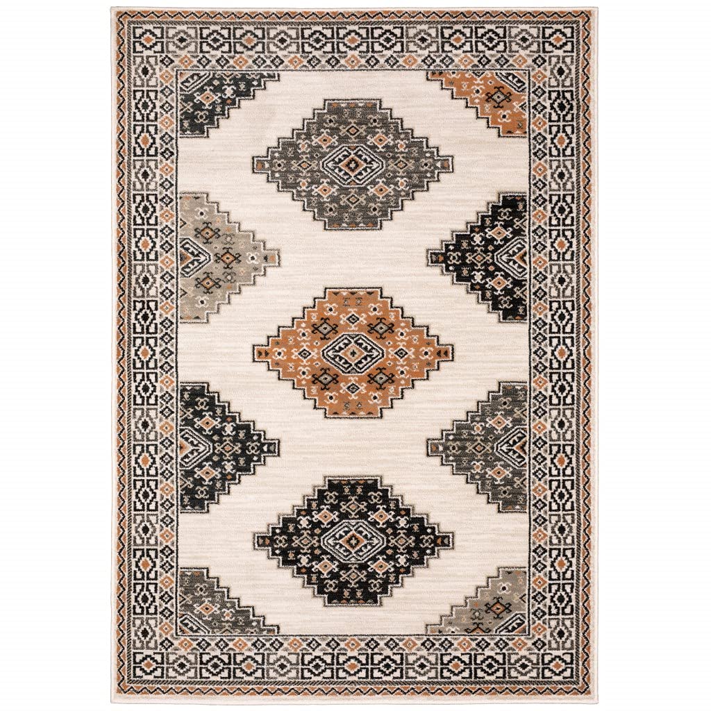 HomeRoots Polypropylene 7’ x 9’ Abstract Ivory and Gray Geometric Indoor Area Rug