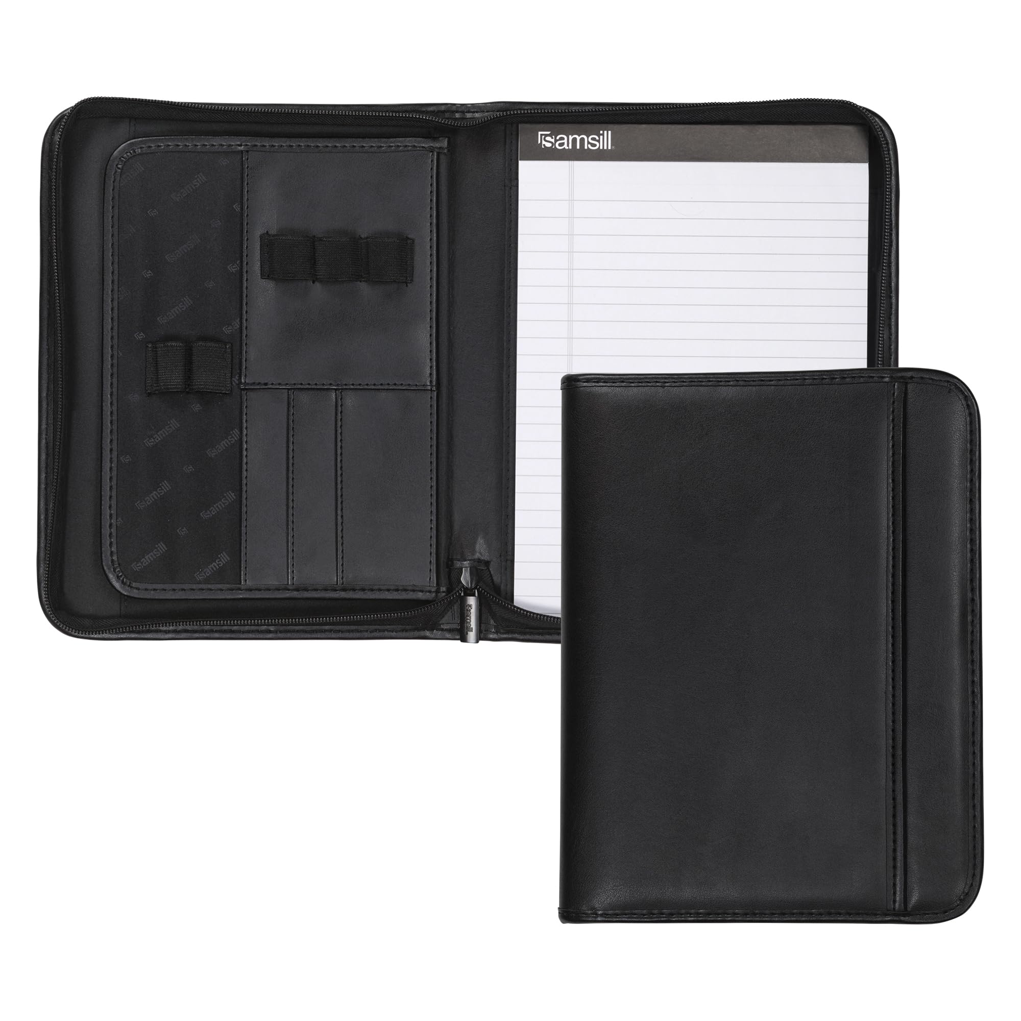 Samsill Professional Padfolio, Faux Leather Junior Portfolio With Zipper, 10.1 Inch Tablet Sleeve, With 7 X 10 Inch Notepad, Bla