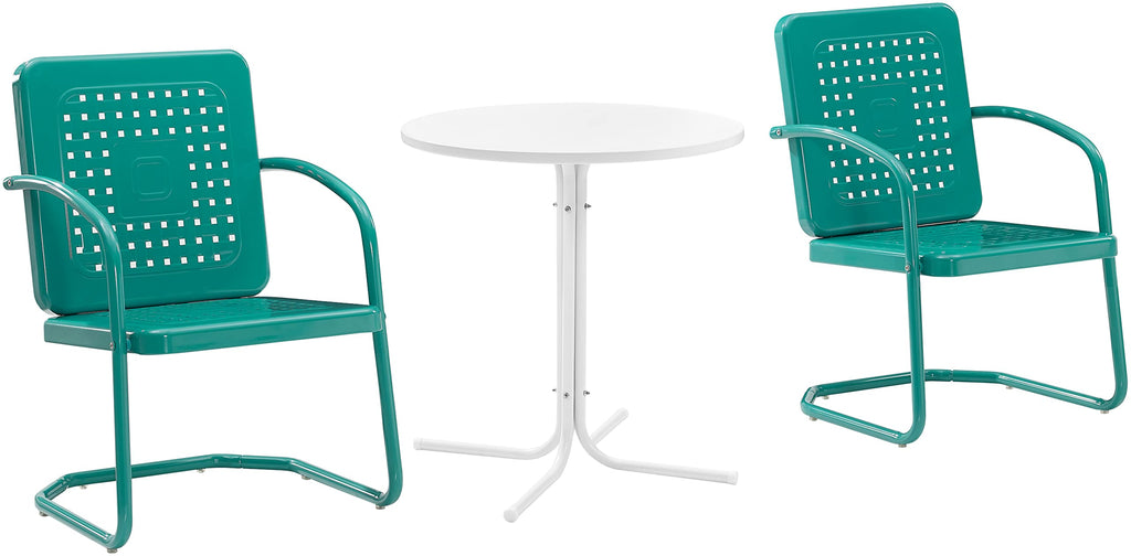 Crosley Furniture Bates 3-Piece Outdoor Bistro Set, Retro Metal Patio Table and Chairs for Dining, Porch, Turquoise Gloss and White Satin