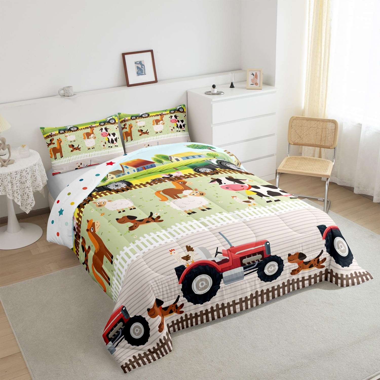 Tractor Bedding Sets For Boys Twin Size Toddler Kids Cute Cartoon Farm Animals Comforter Set Girls Children Farmhouse Country Down Comforter For All Season Colorful Room Decor Nature Theme Duvet Set