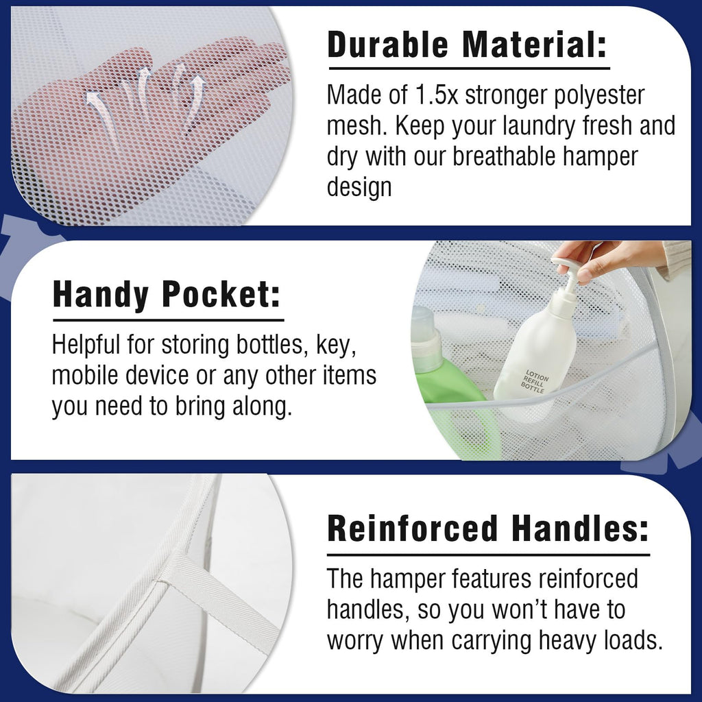 TECHMILLY 90L Collapsible Mesh Laundry Hamper - White, Large Opening with Strong Handles & Side Pockets for Dorm, Bathroom, Travel