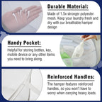 TECHMILLY 90L Collapsible Mesh Laundry Hamper - White, Large Opening with Strong Handles & Side Pockets for Dorm, Bathroom, Travel