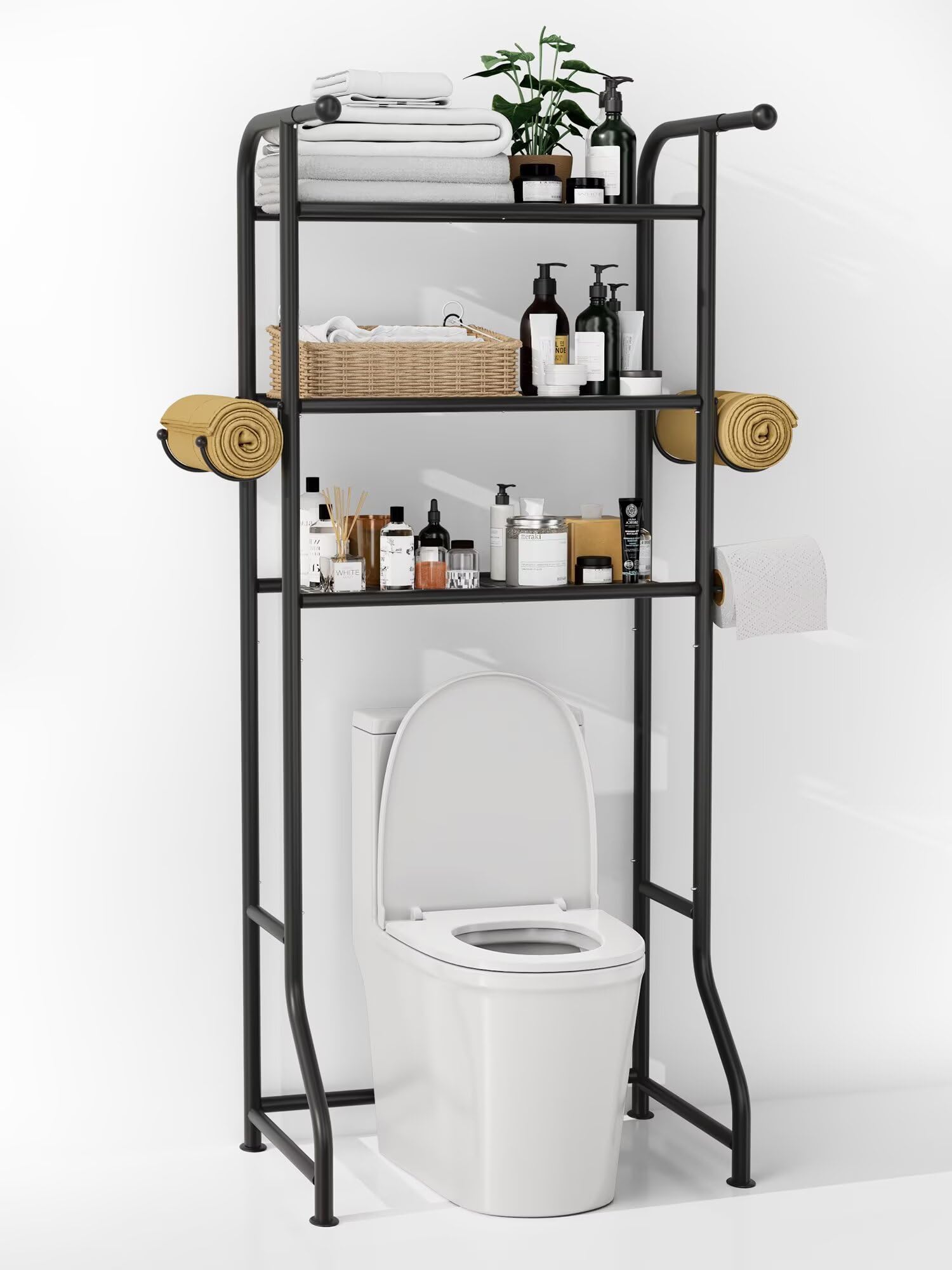 JUKAMO 3-Tier Over The Toilet Storage Shelf,Bathroom Organizers and Storage Over Toilet,Metal Bathroom Space Saver with 2 Bars,1