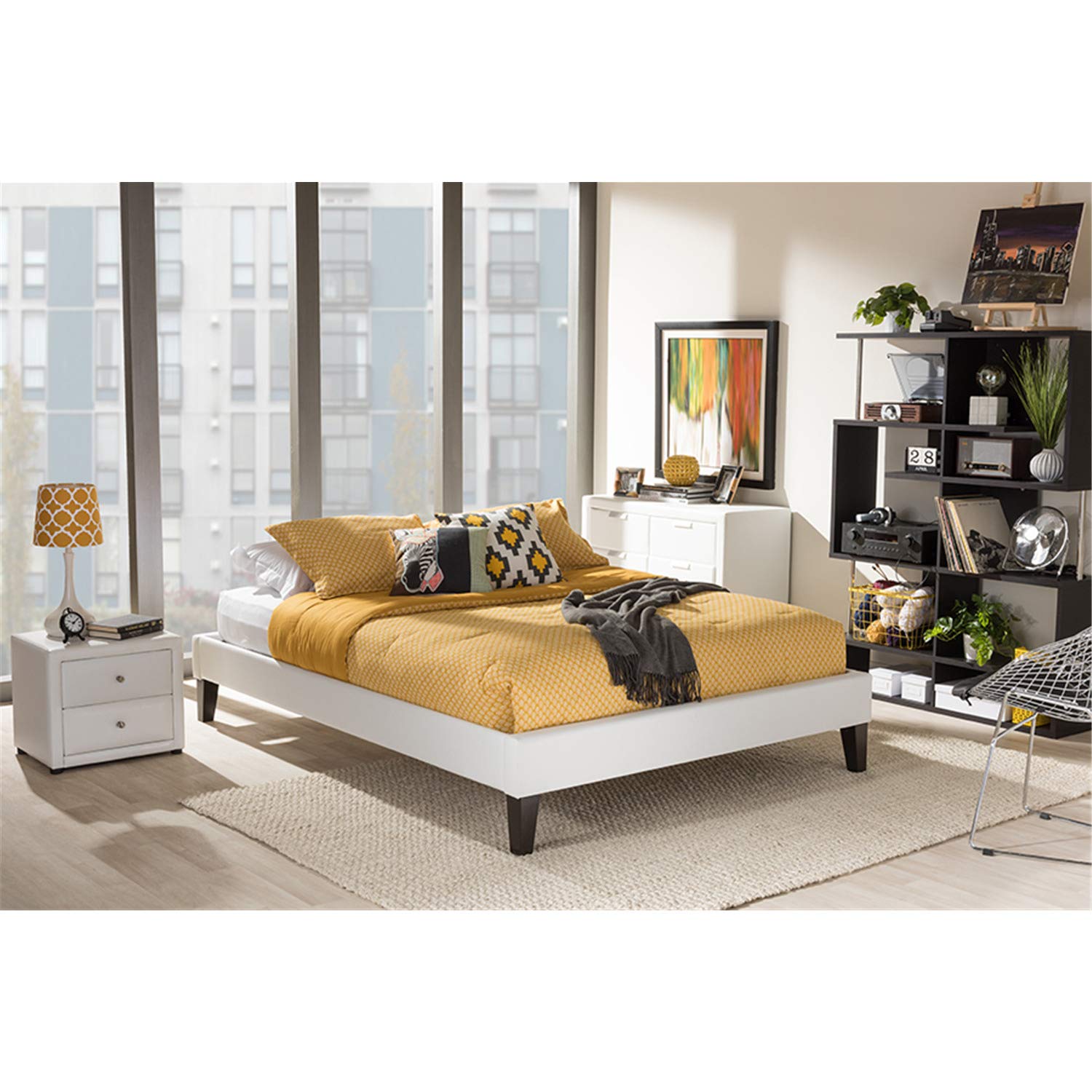 Baxton Studio Lancashire Modern And Contemporary White Faux Leather Upholstered Queen Size Bed Frame With Tapered Legs