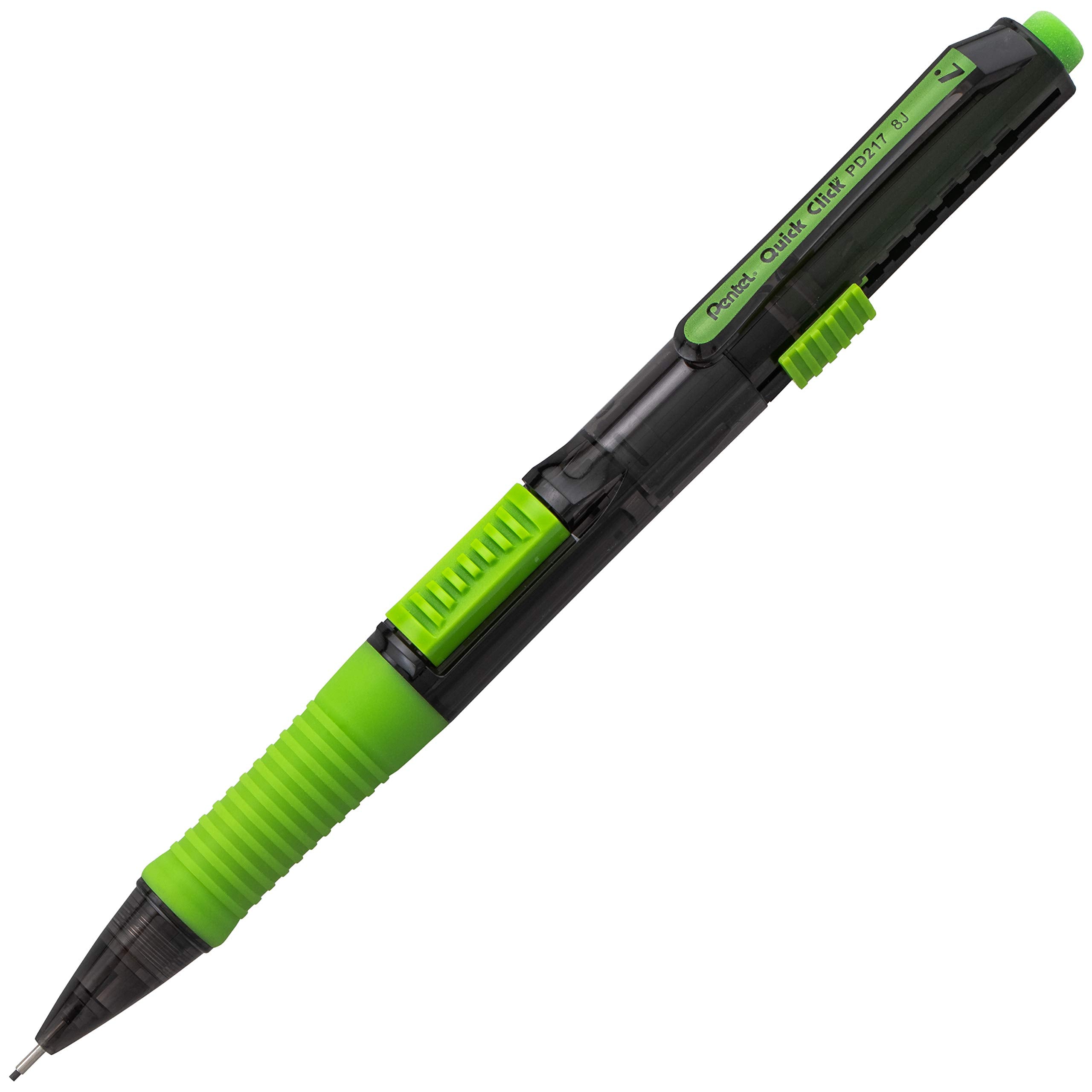 Pentel Quick Click Pop Mechanical Pencil, (0.7Mm) Medium 2B Lead, Black Barrel W/Green Trim, Box Of 12 (Pd217Ak)