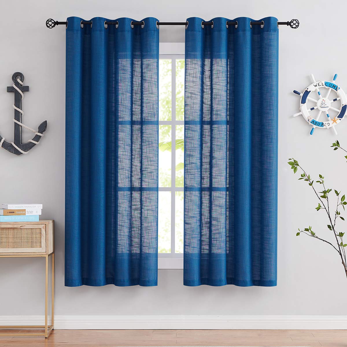 Fmfunctex Blue Semi Sheer Curtains For Living Room 63' Long Linen Textured Look No See Through Window Treatment Set For Bedroom