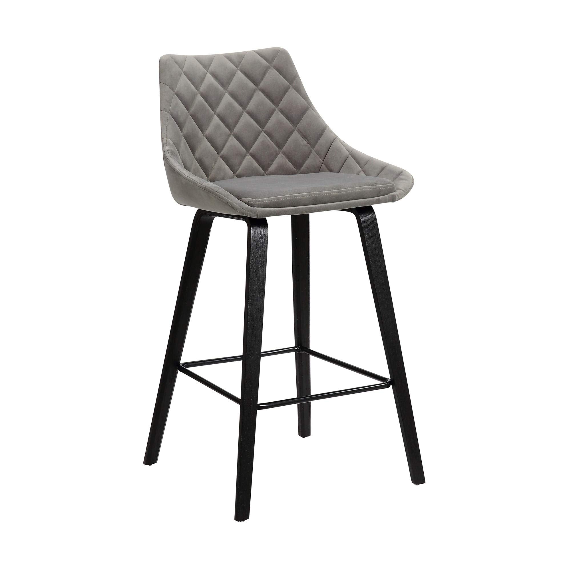 Benjara 26 Inch Velvet Upholstered Diamond Tufted Wood Leg Barstool, Gray, Black