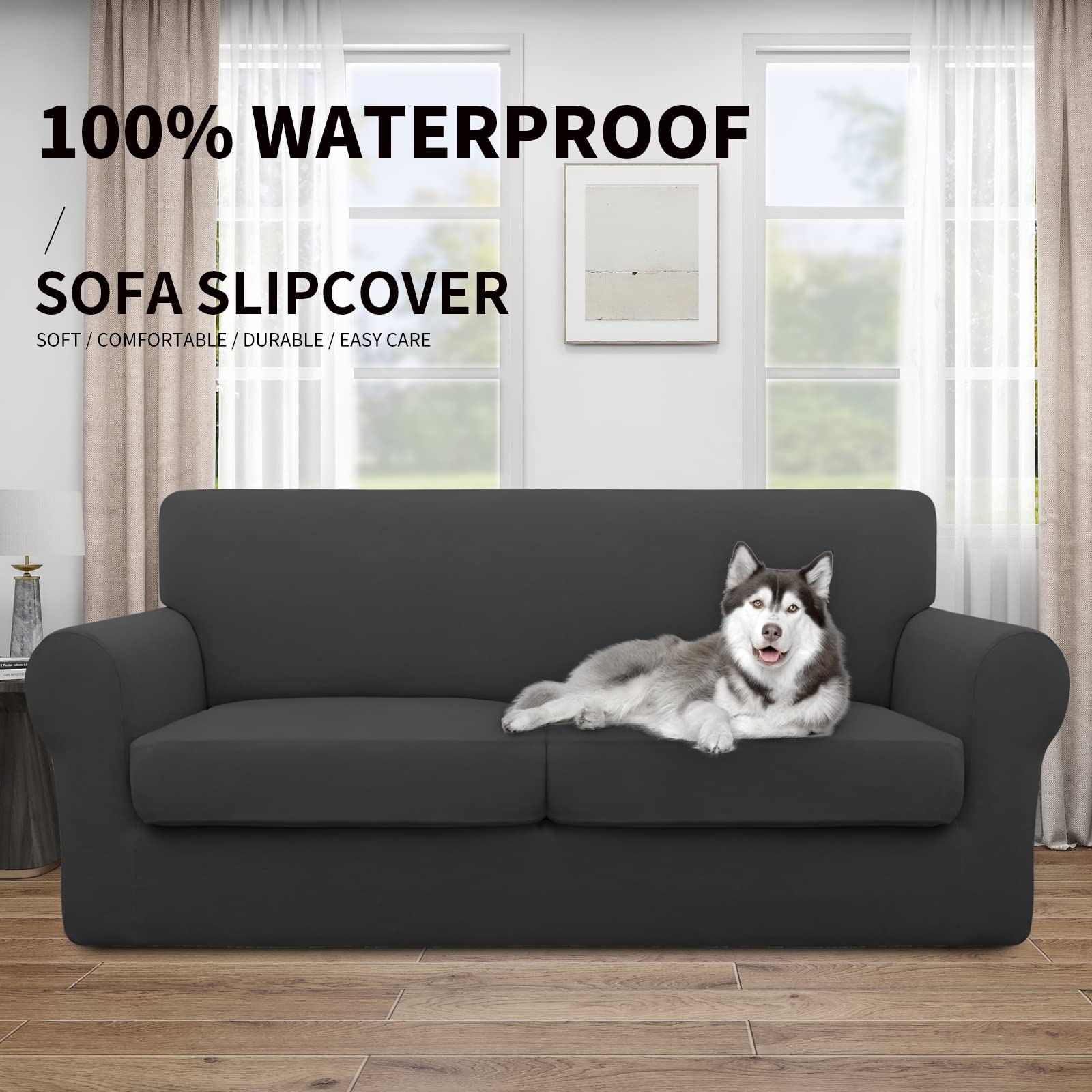 Easy-Going 100% Dual Waterproof Oversized Loveseat Cover Stretch Soft Couch Cover For Dogs, Sofa Slipcover For 2 Separate Cushion Couch Leakproof Furniture Protector For Kids, Pets Dark Gray