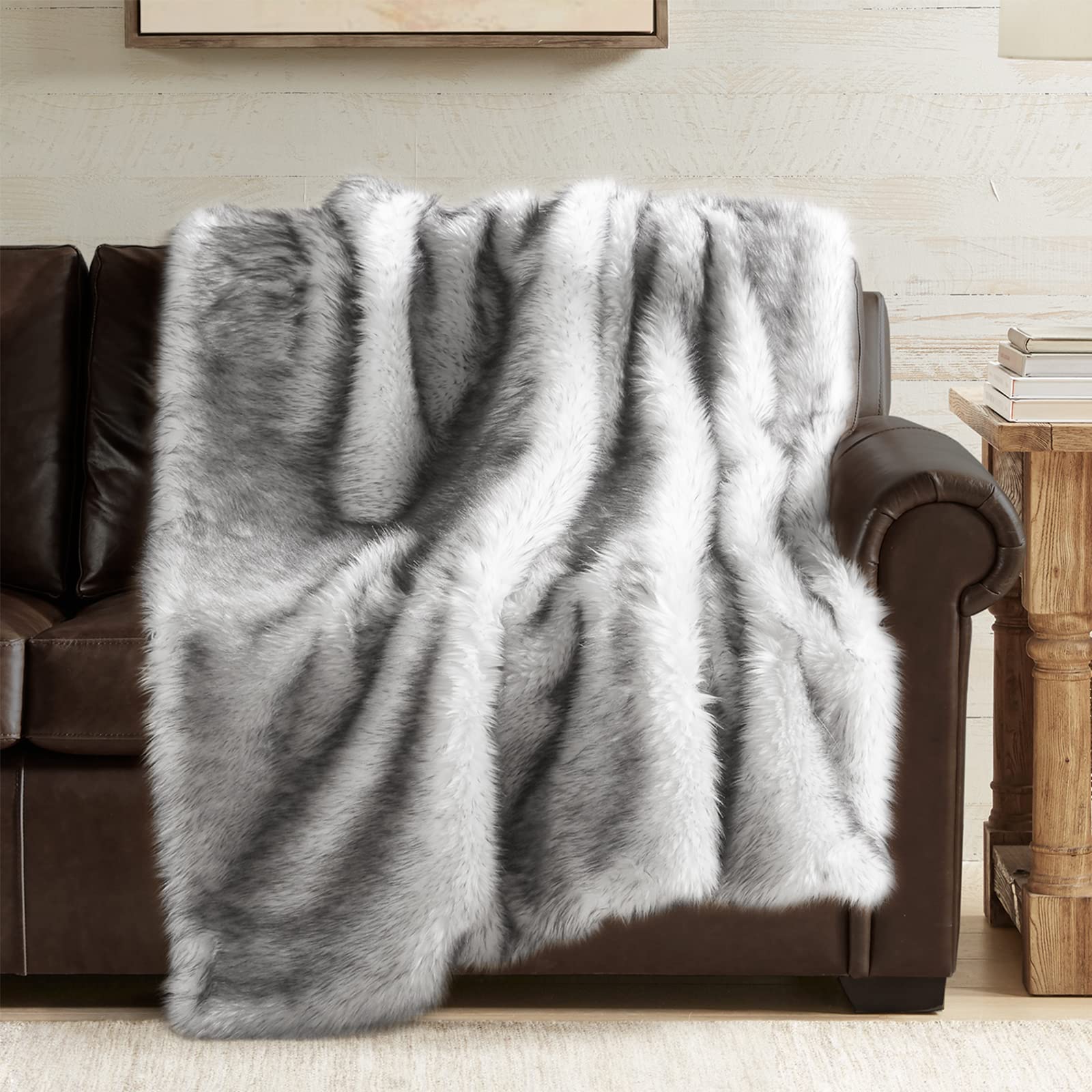 Hyde Lane Long Pile Faux Fur Throw Blanket, Luxury Fluffy With Black Tipped Throws For Home Couch Sofa Decor, Fuzzy Plush Blanke