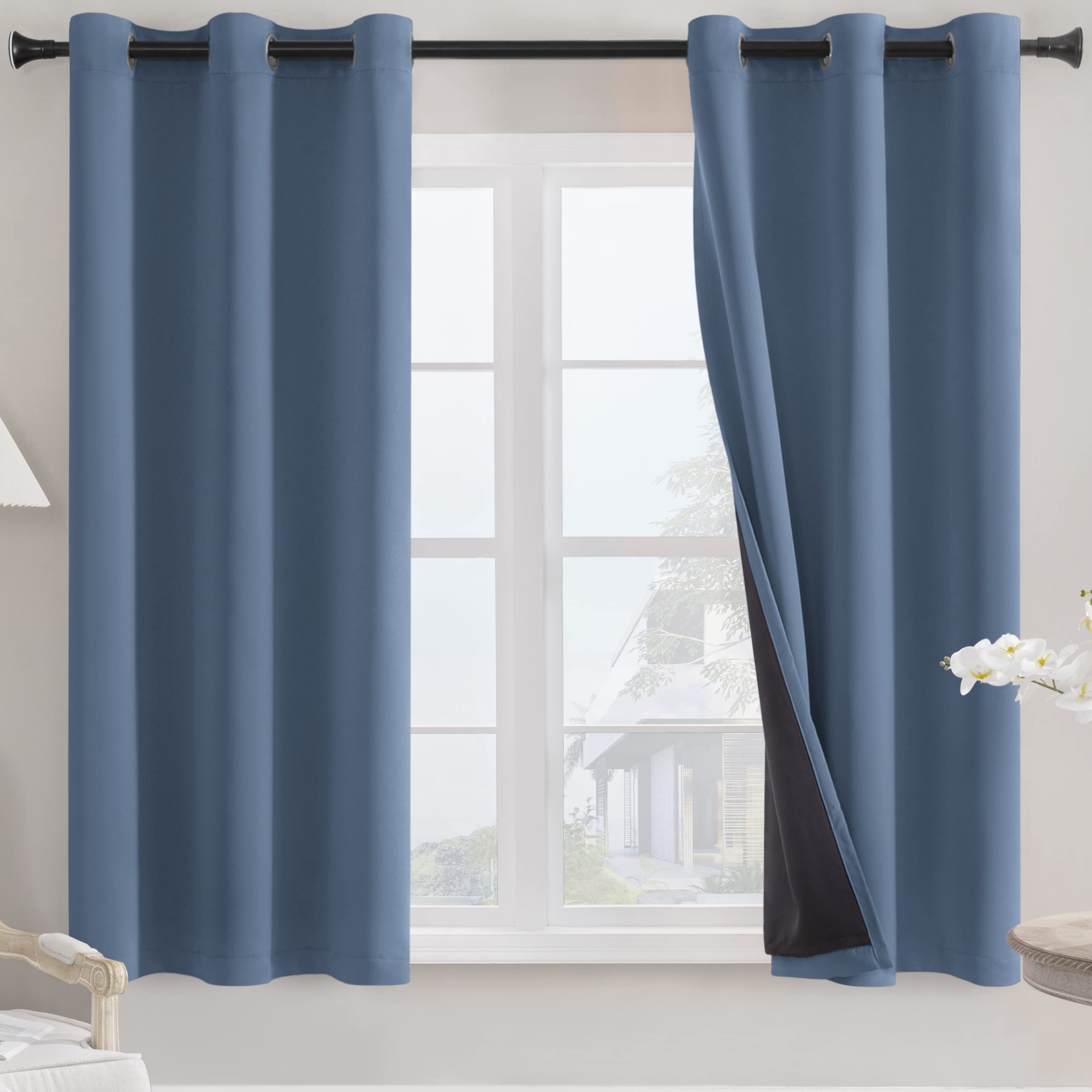 Rutterllow 100% Blackout Curtains 2 Panels - Completely Blackout Thermal Insulate Double Layer With Black Liner For Bedroom, Gro