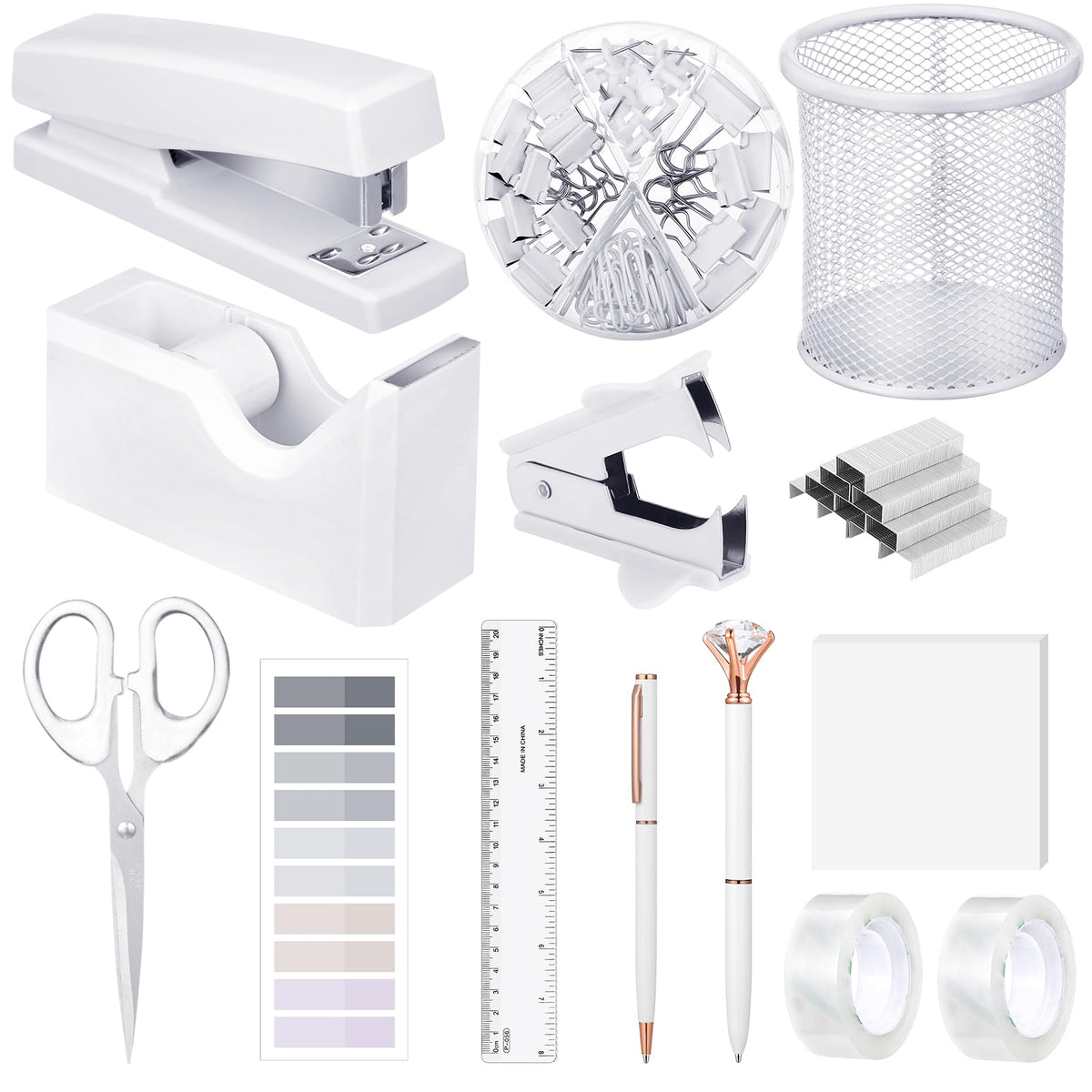 14 In 1 White Office Supplies, White Desk Accessories For Wome With White Stapler And Tape Dispenser Set, Tape, 1000 Staples, St
