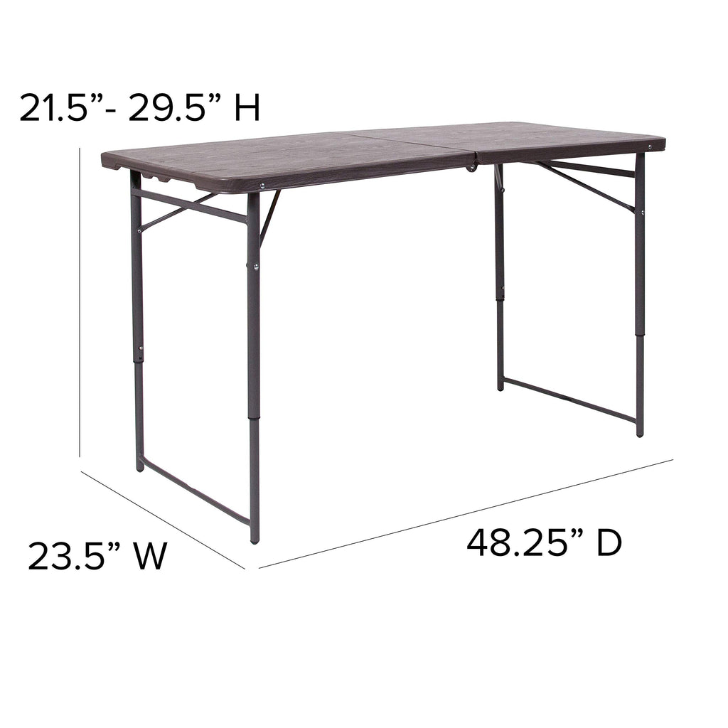 Flash Furniture Mills 4-Foot Height Adjustable Bi-Fold Brown Wood Grain Plastic Folding Table With Carrying Handle