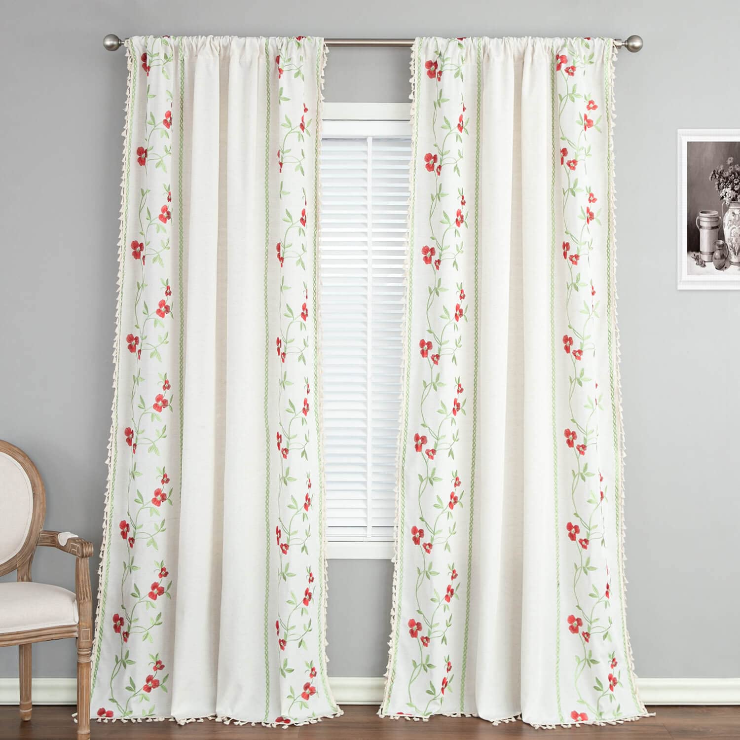 Vogol Farmhouse Curtains 96 Inches Long, Boho Style Light Reducing Window Treatments With Handmade Tassel, Faux Linen Thick Fabr