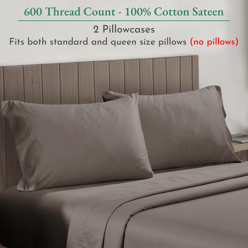 California Design Den Luxuriously Soft Hotel Quality 600 Thread Count, 100% Cotton Queen Pillowcases Set Of 2, Crisp & Cool Standard Pillow Covers Fits Standard & Queen Pillows (Brown)