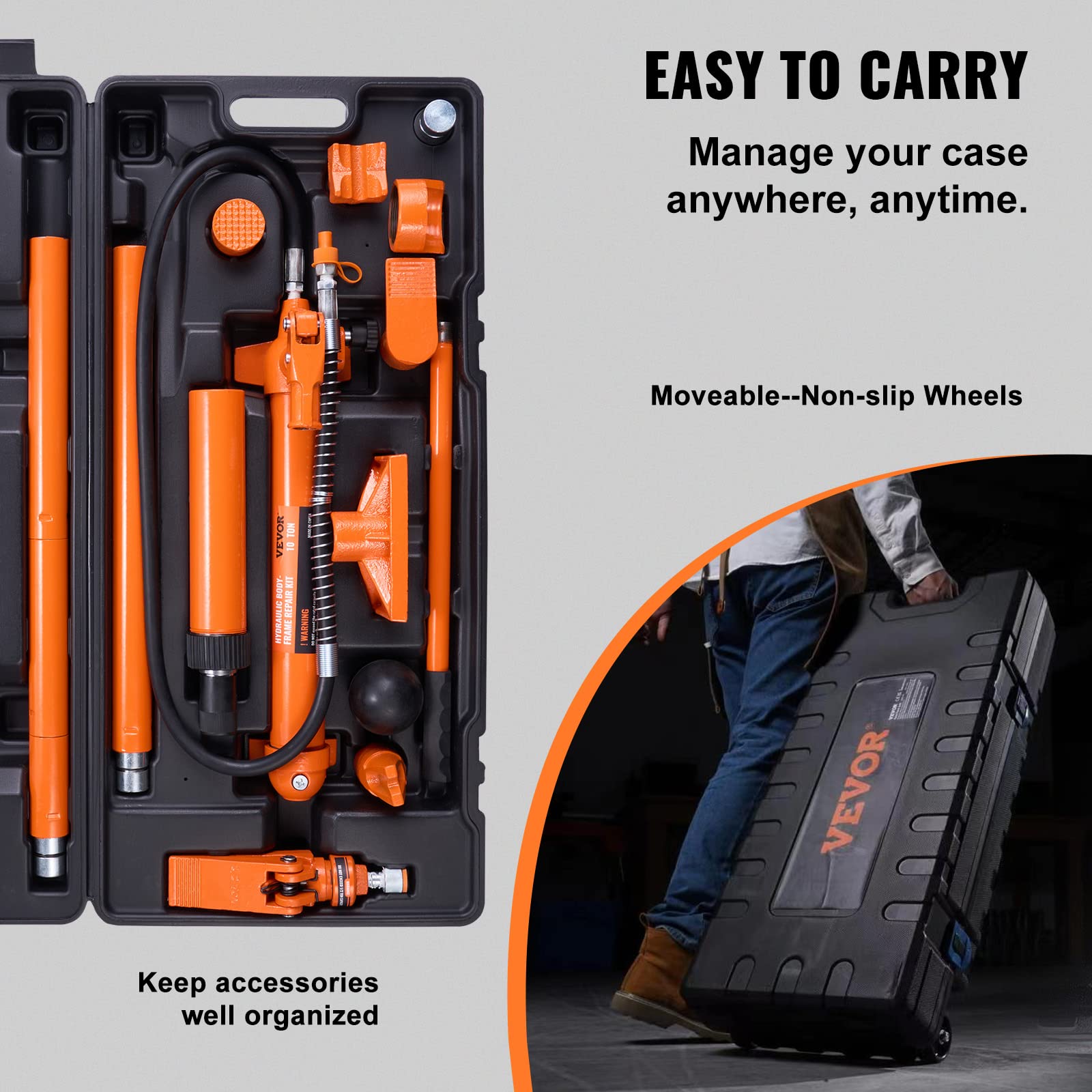 Vevor 10 Ton Porta Power Kit, Hydraulic Ram With Pump, Car Jack With 4.6 Ft/1.4 M Oil Hose, Bent Frame Repair Tool With Storage