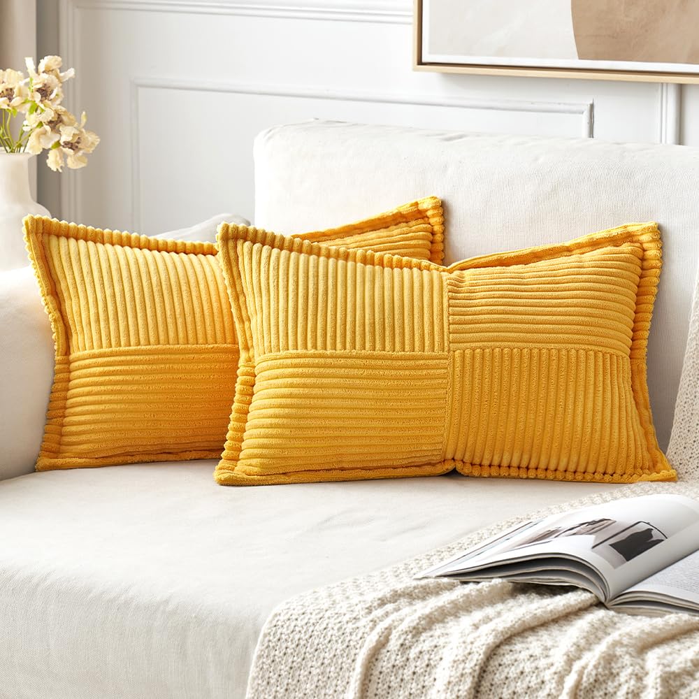 Miulee Golden Yellow Corduroy Pillow Covers 12 X 20 Inch With Splicing Set Of 2 Super Soft Boho Striped Pillow Covers Broadside