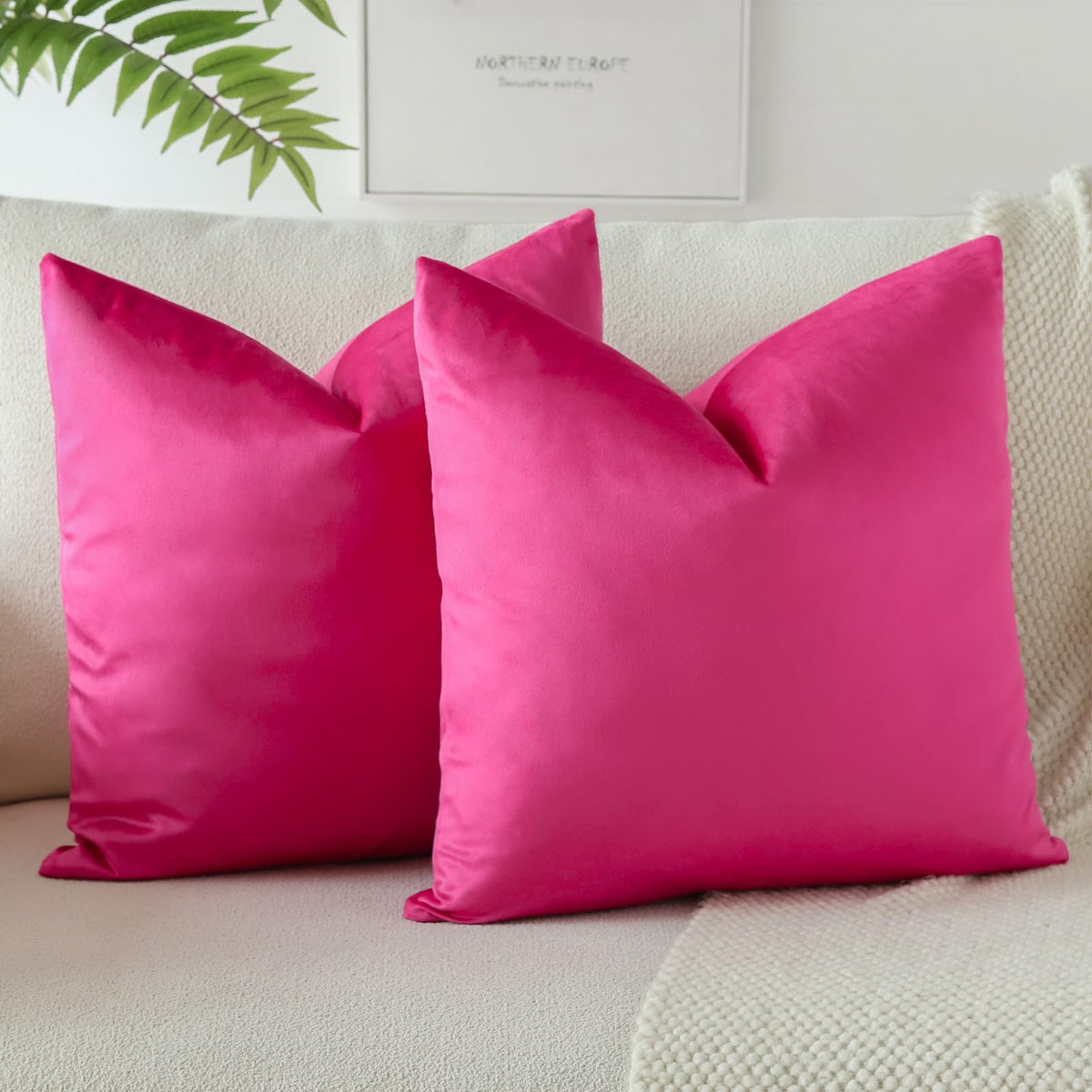 Otostar Decorative Throw Pillow Covers 16 X 16 Inch Soft Velvet Cushion Covers Solid Square Throw Pillow Cases For Couch Bed Home Sofa Car Decor Set Of 2 (Hot Pink)